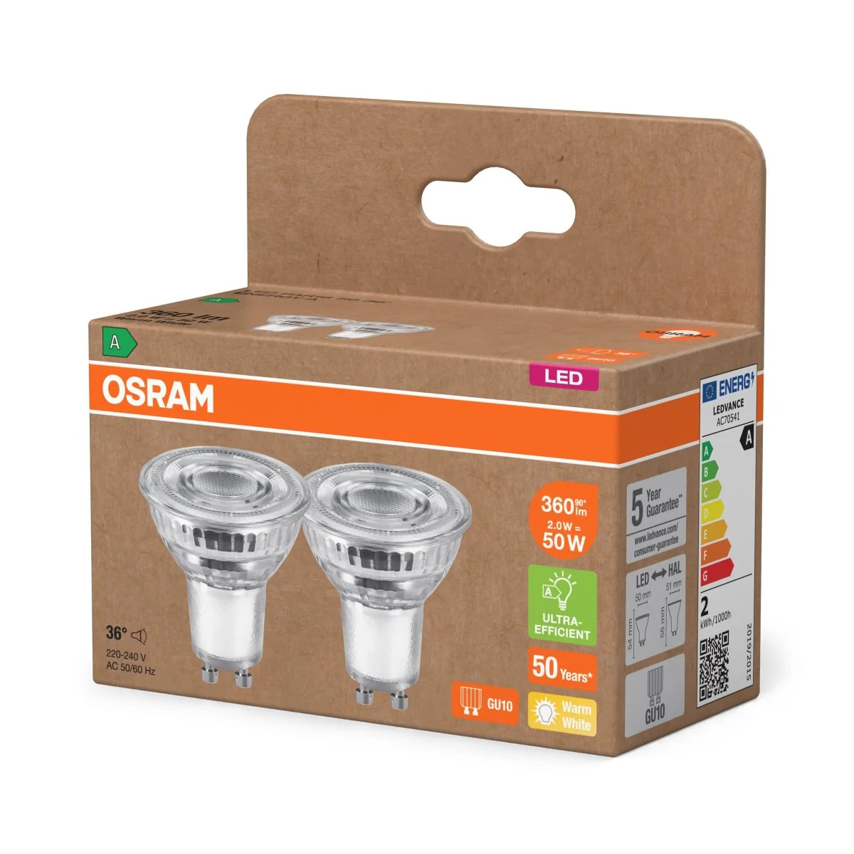 Żarówka LED OSRAM LED PAR16 50 36°  Energy efficiency class A 2W 827 GU10 - Image 2