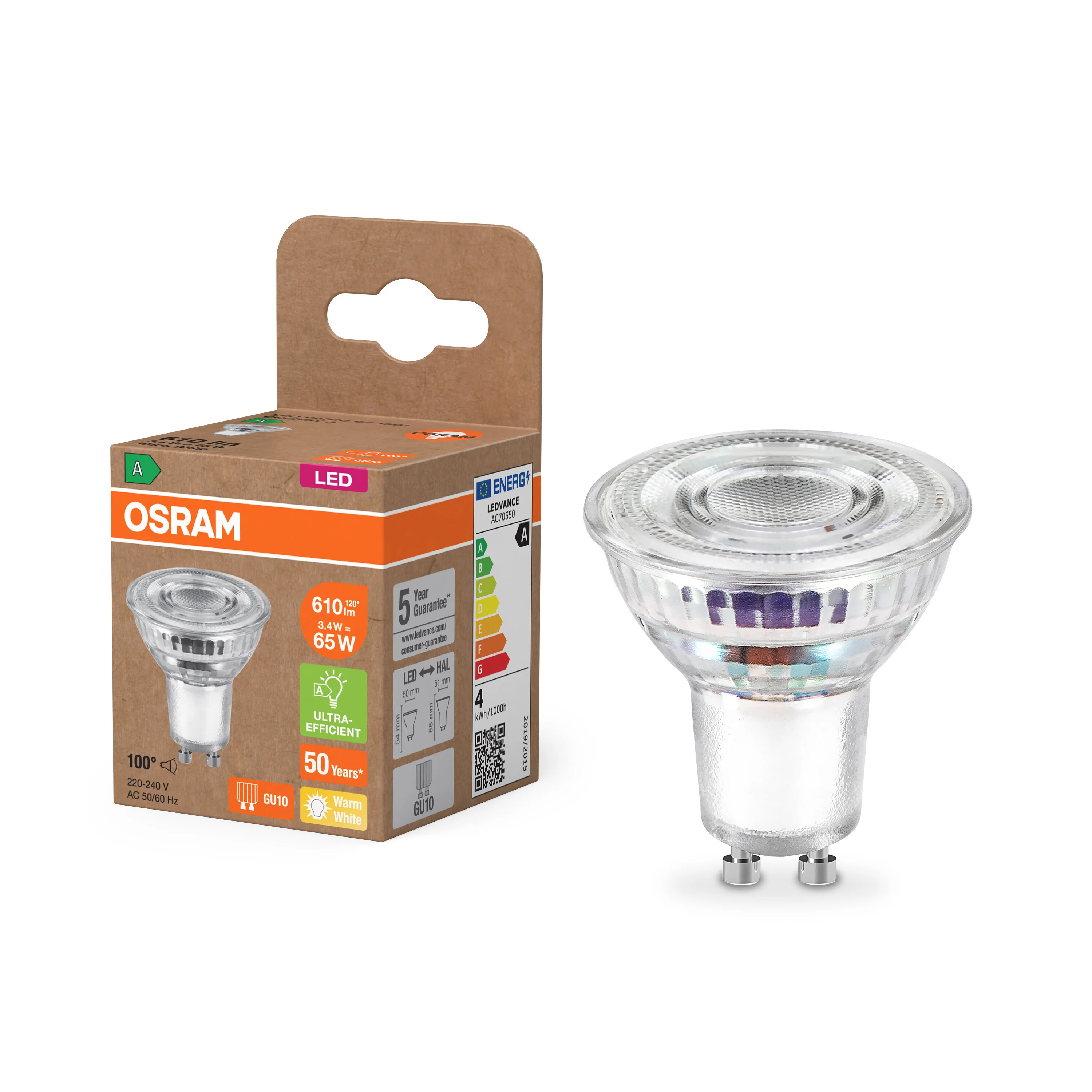 Żarówka LED OSRAM LED PAR16 51 100°  Energy efficiency class A 3.4W 827 GU10 - Image 4