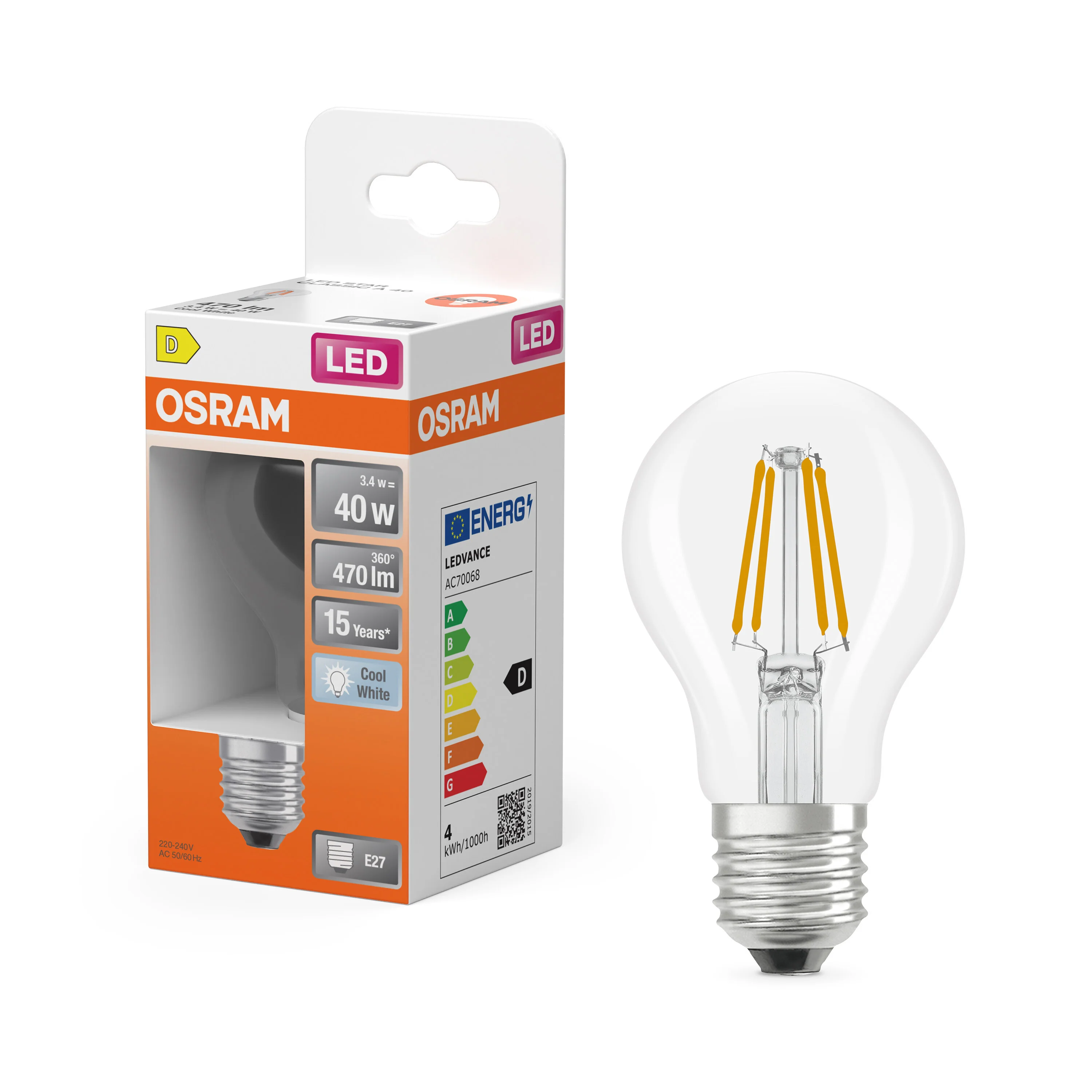 Żarówka LED OSRAM LED Star Classic A 40 Filament 3.4W 840 Clear E27 - Image 4