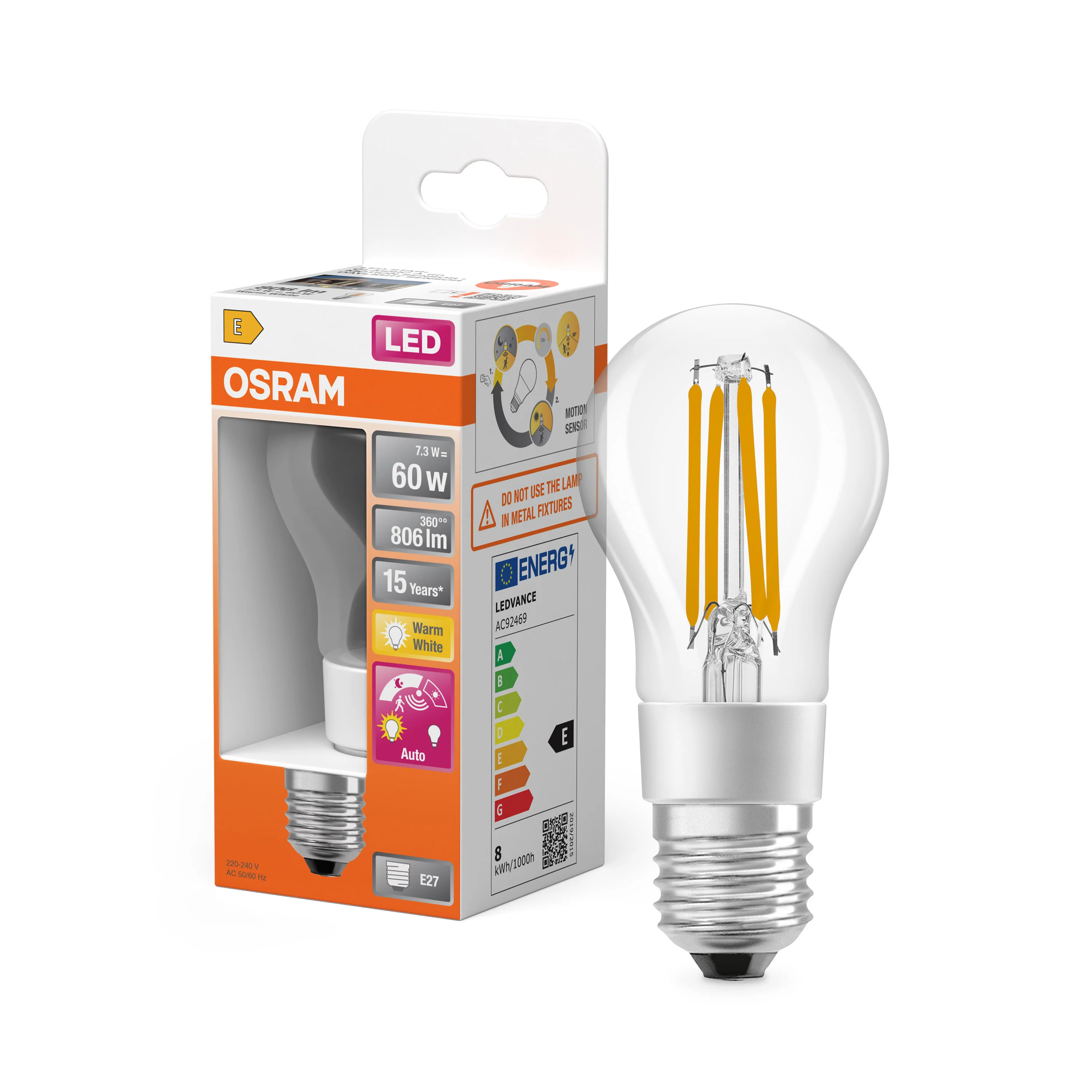 Żarówka LED OSRAM LED Star Classic A 60 Filament Motion & Daylight sensor 7.3W 827 Clear E27 - Image 4