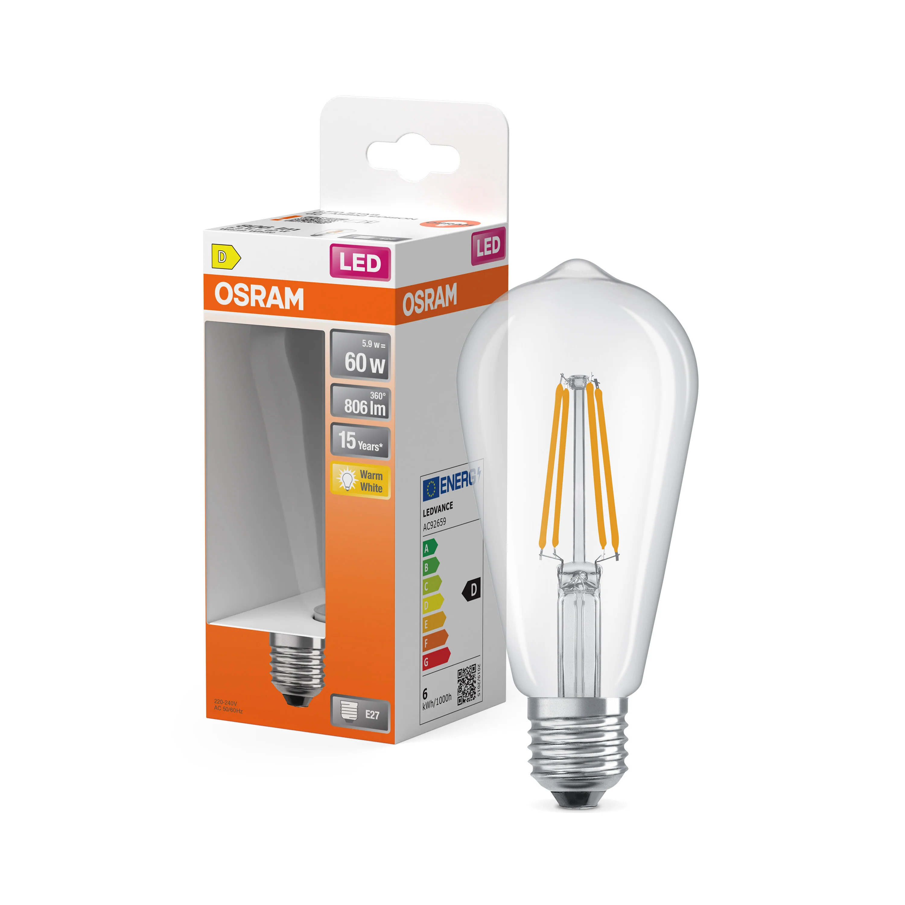 Żarówka LED OSRAM LED Star Classic Edison 60 Filament 5.9W 827 Clear E27 - Image 4