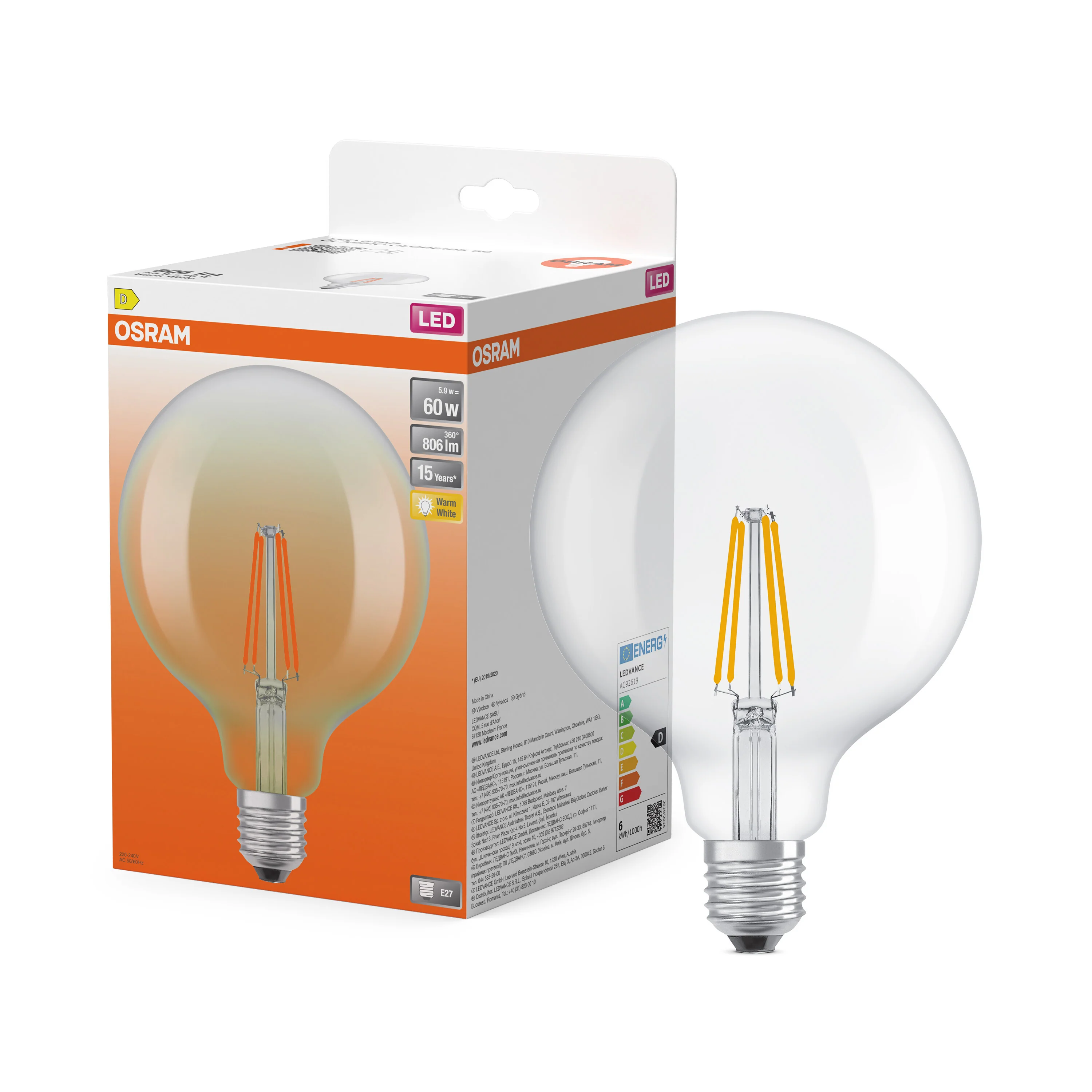Żarówka LED OSRAM LED Star Globe 125 60 Filament 5.9W 827 Clear E27 - Image 4
