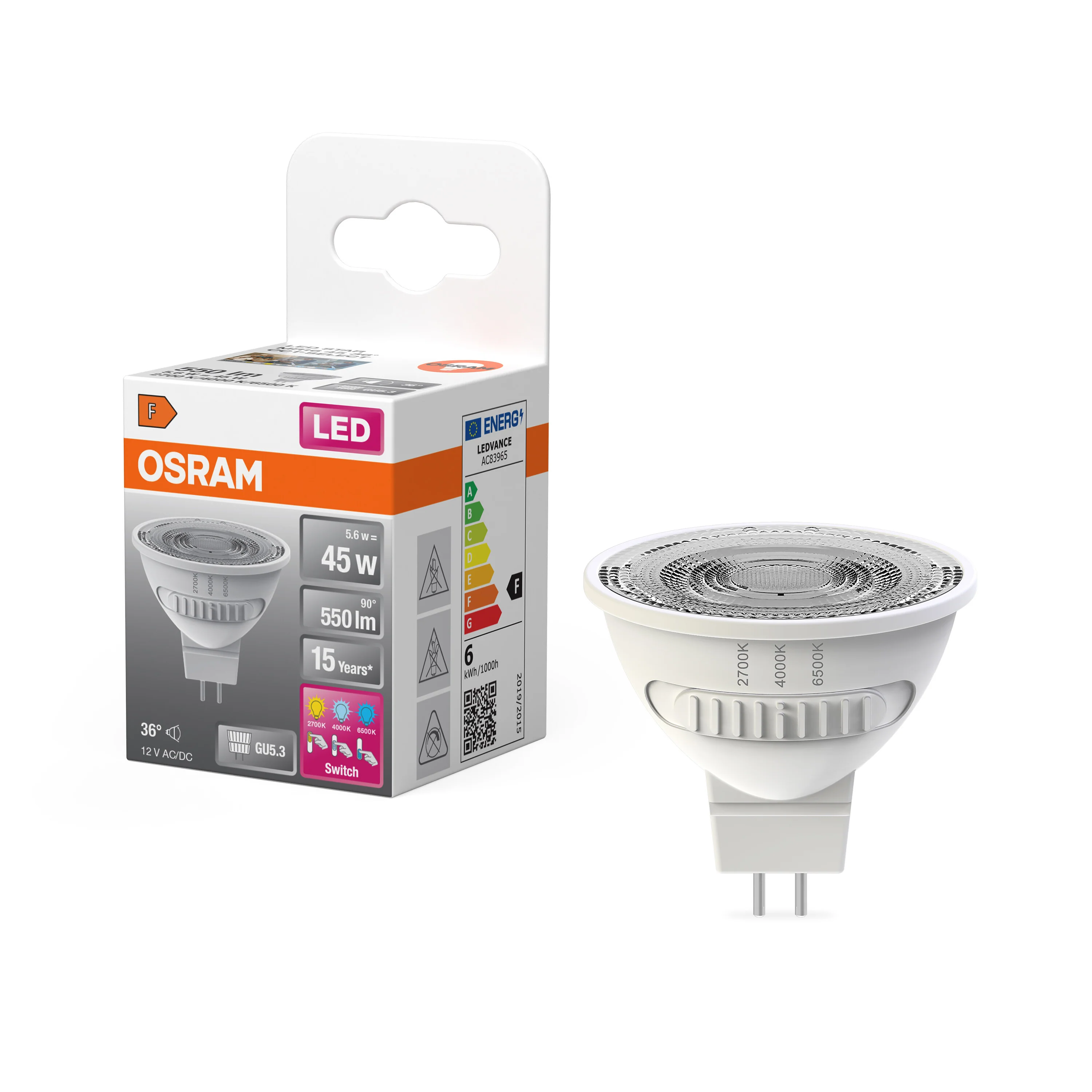 Żarówka LED OSRAM LED Star MR16 45 36° CCT Select 5.6W 827/840/865 GU5.3 - Image 4