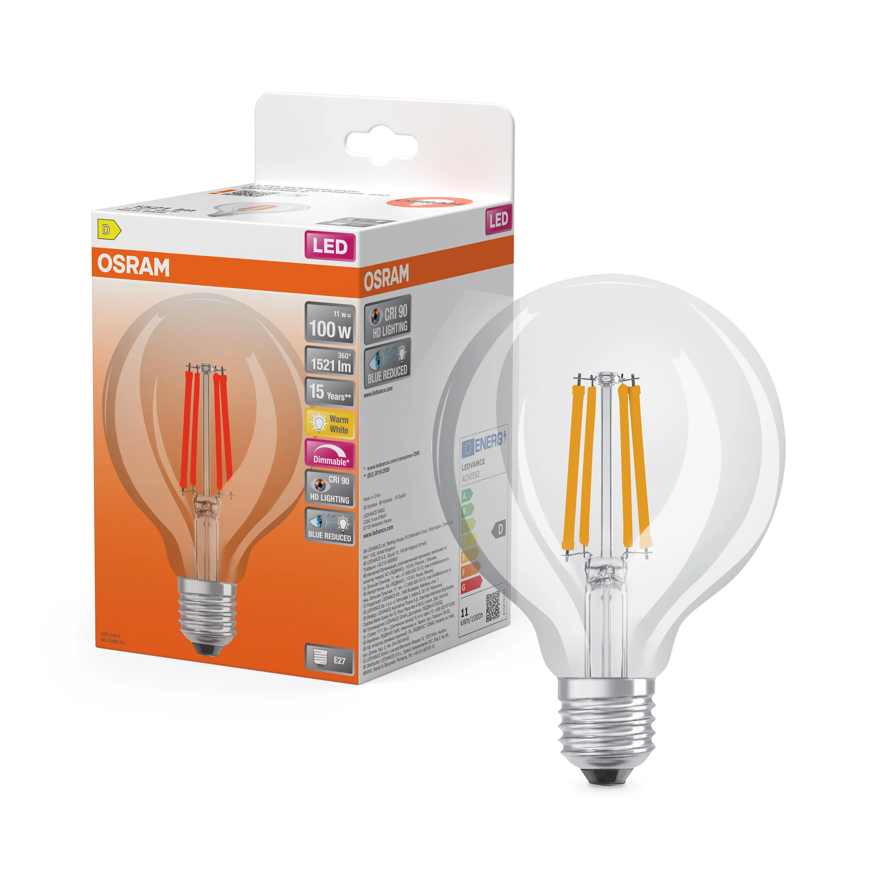 Żarówka LED OSRAM LED Superstar Plus Globe 95 100 Filament DIM 11W 927 Clear E27 - Image 5