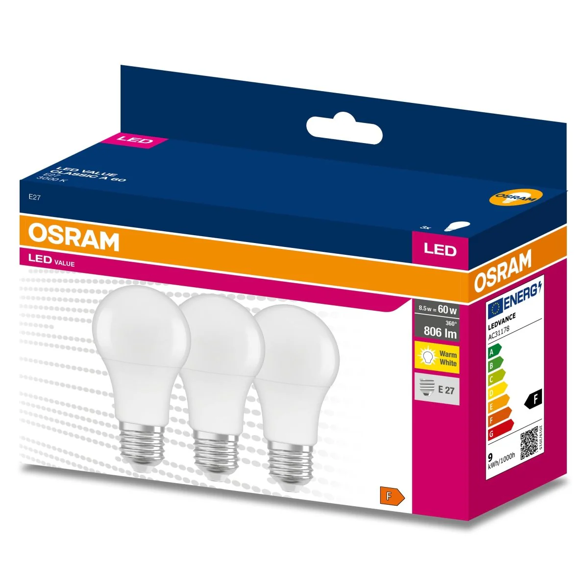 Żarówka LED OSRAM LED VALUE CLAS A 60  8 W/3000 K E27 3pak - Image 2