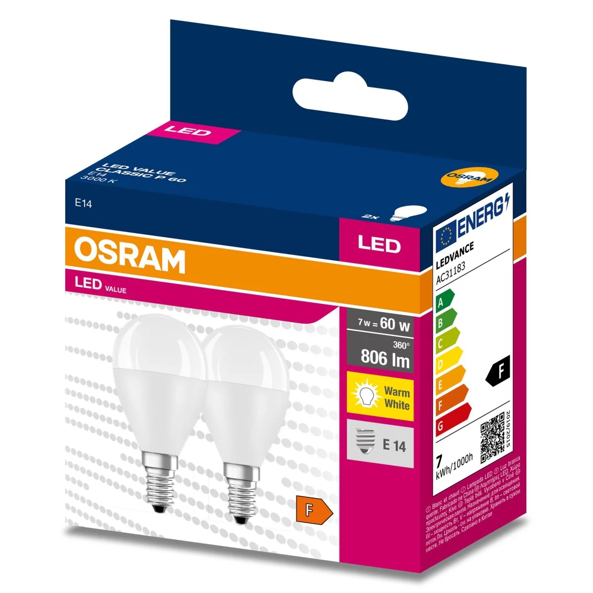 Żarówka LED OSRAM LED VALUE CLAS P 60  6.5 W/3000 K E14 2pak - Image 2