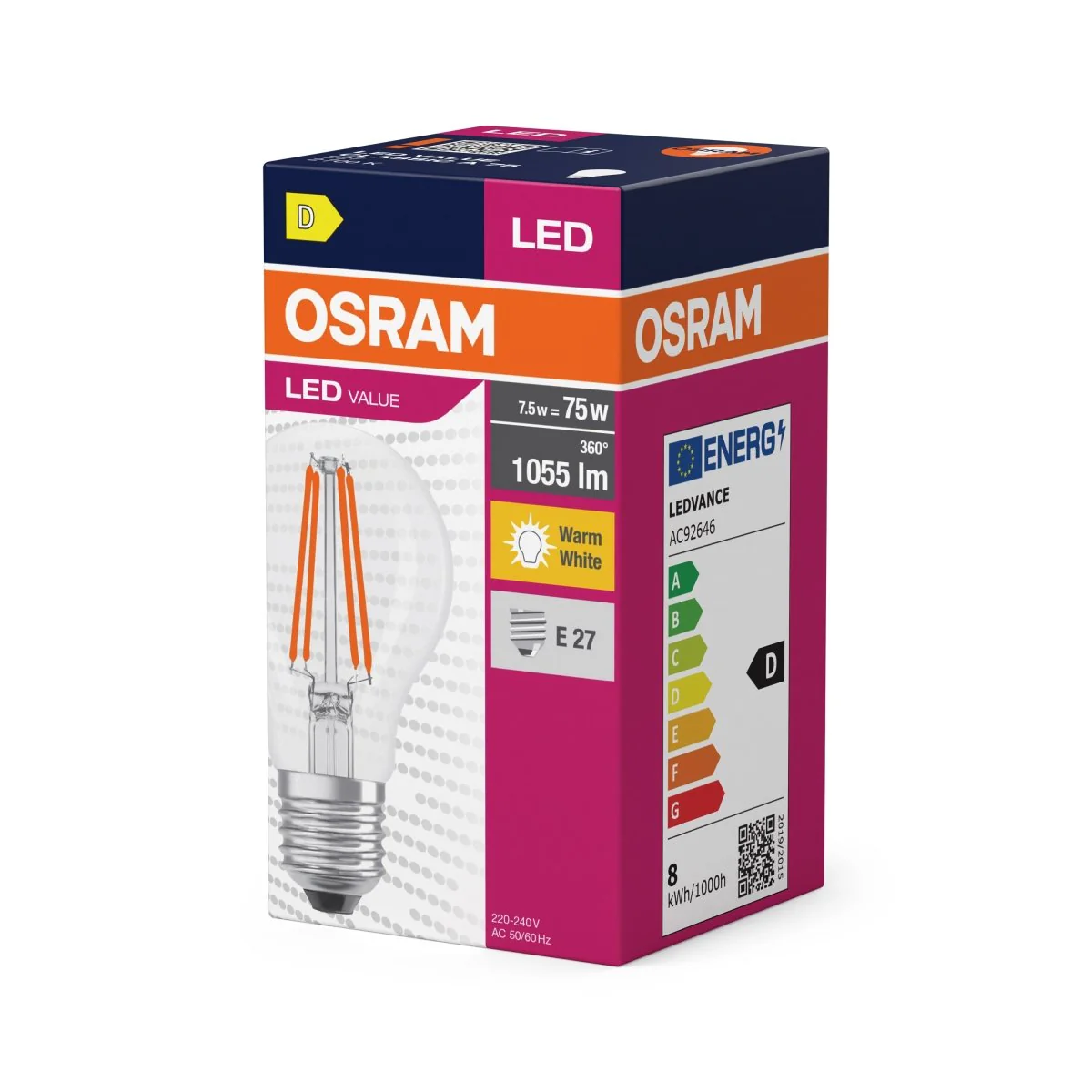 Żarówka LED OSRAM LED Value Classic A 75 Filament 7.5W 827 Clear E27 - Image 2