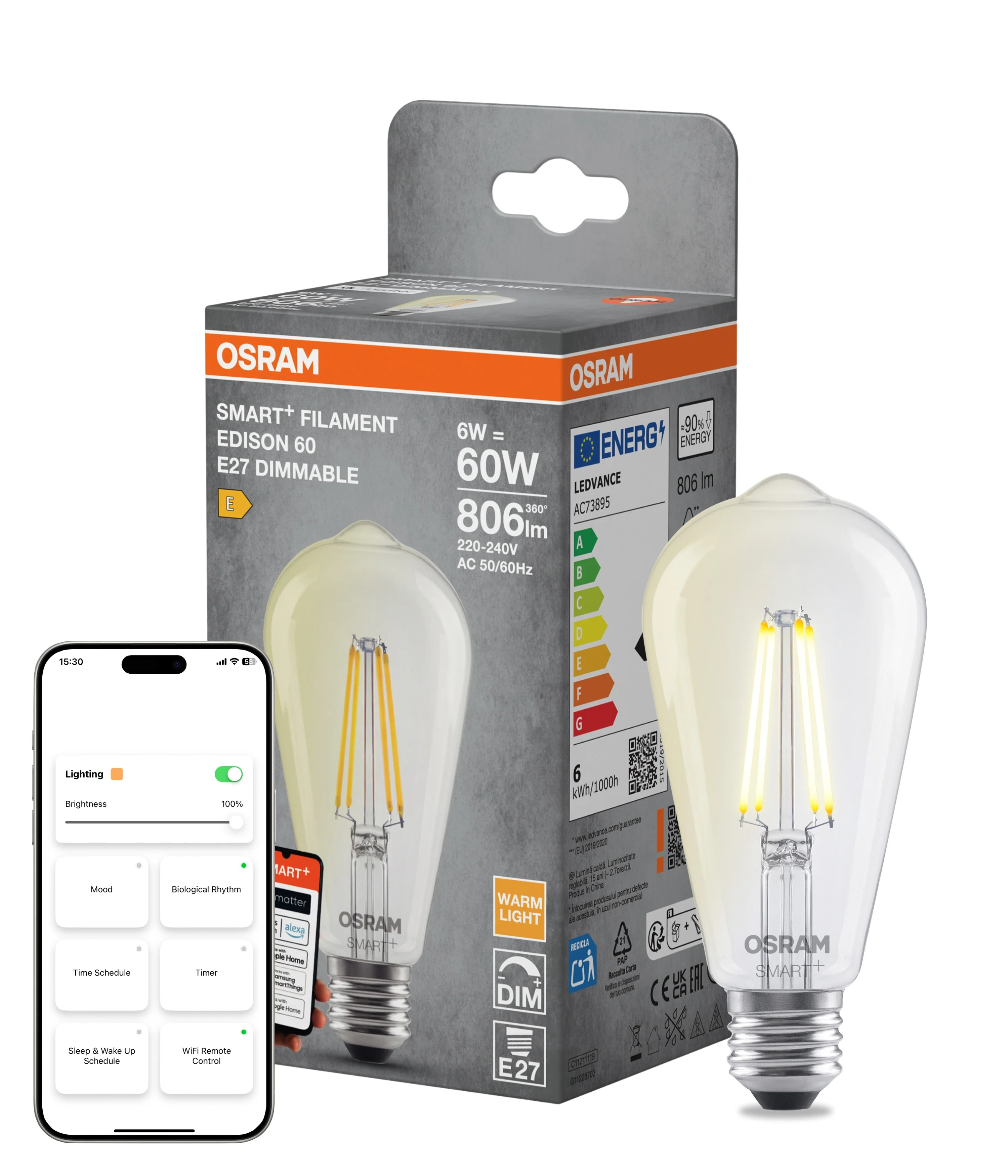 Żarówka LED OSRAM SMART+ MATTER Dimmable Classic Edison 60 6W 827 E27 - Image 4