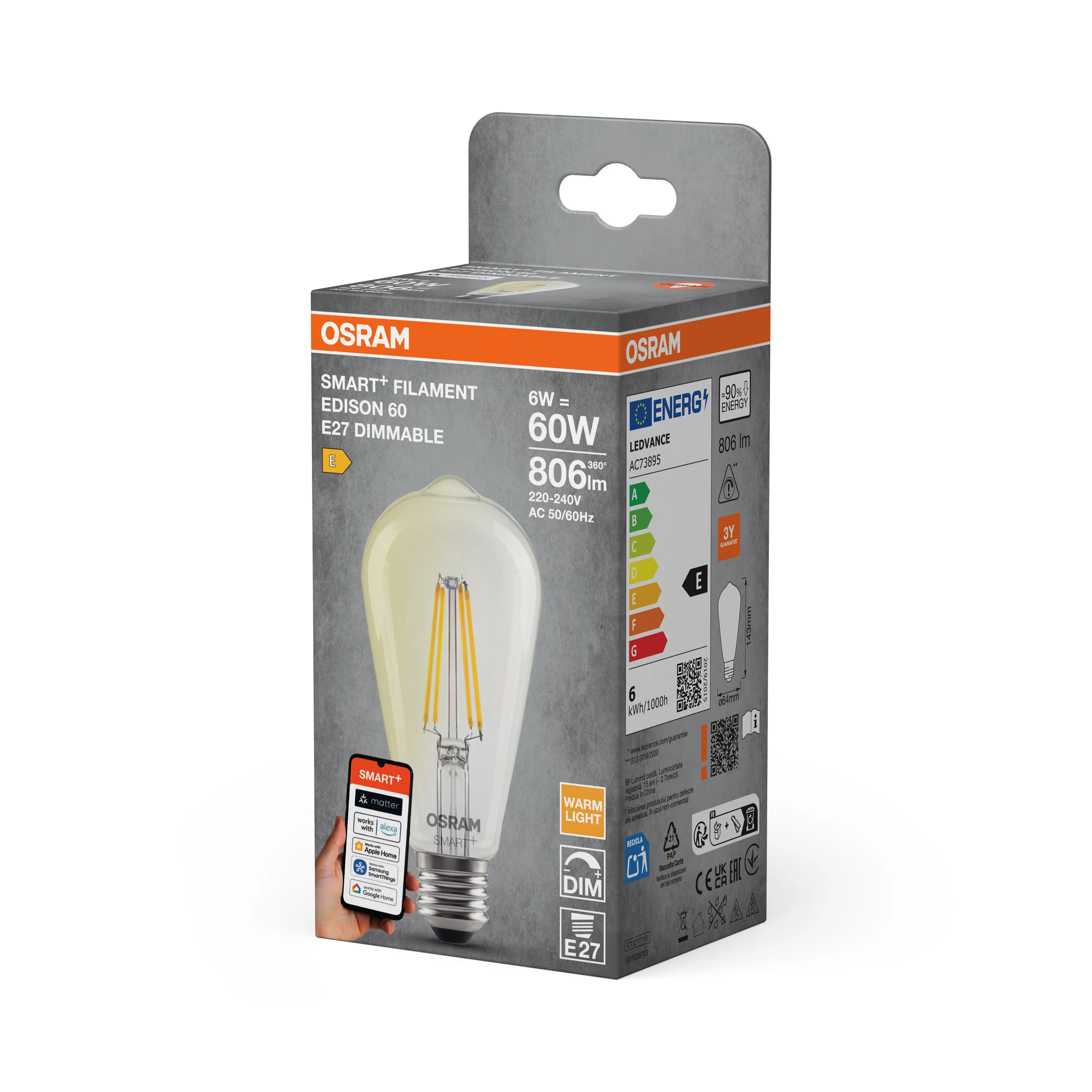 Żarówka LED OSRAM SMART+ MATTER Dimmable Classic Edison 60 6W 827 E27 - Image 5
