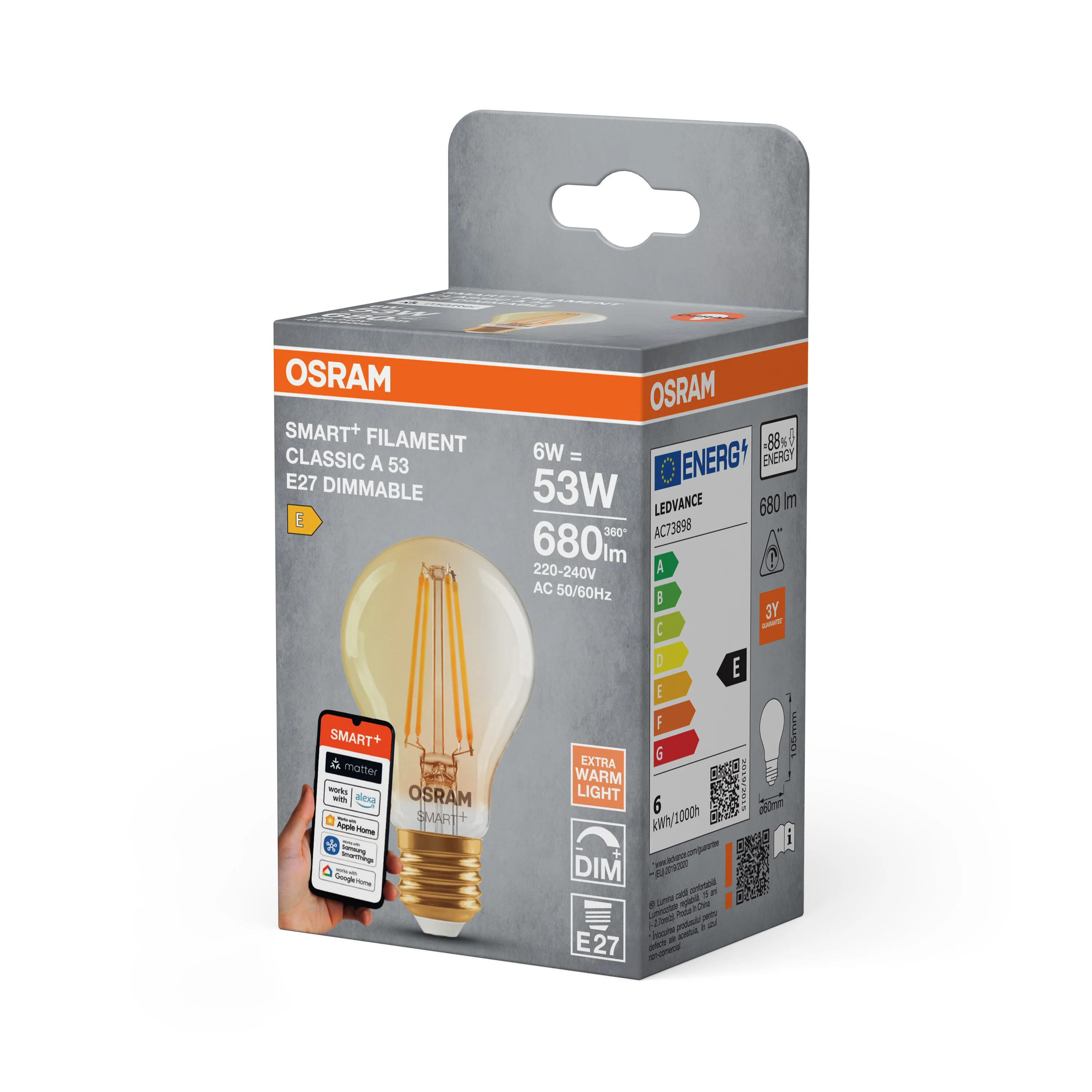 Żarówka LED OSRAM SMART+ MATTER Filament Dimmable Classic A53 6W 824 Gold E27 - Image 5