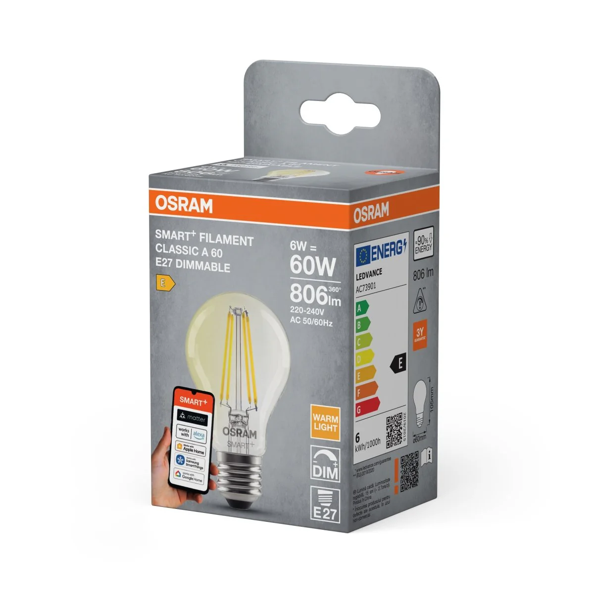 Żarówka LED OSRAM SMART+ MATTER Filament Dimmable Classic A60 6W 827 E27 - Image 2