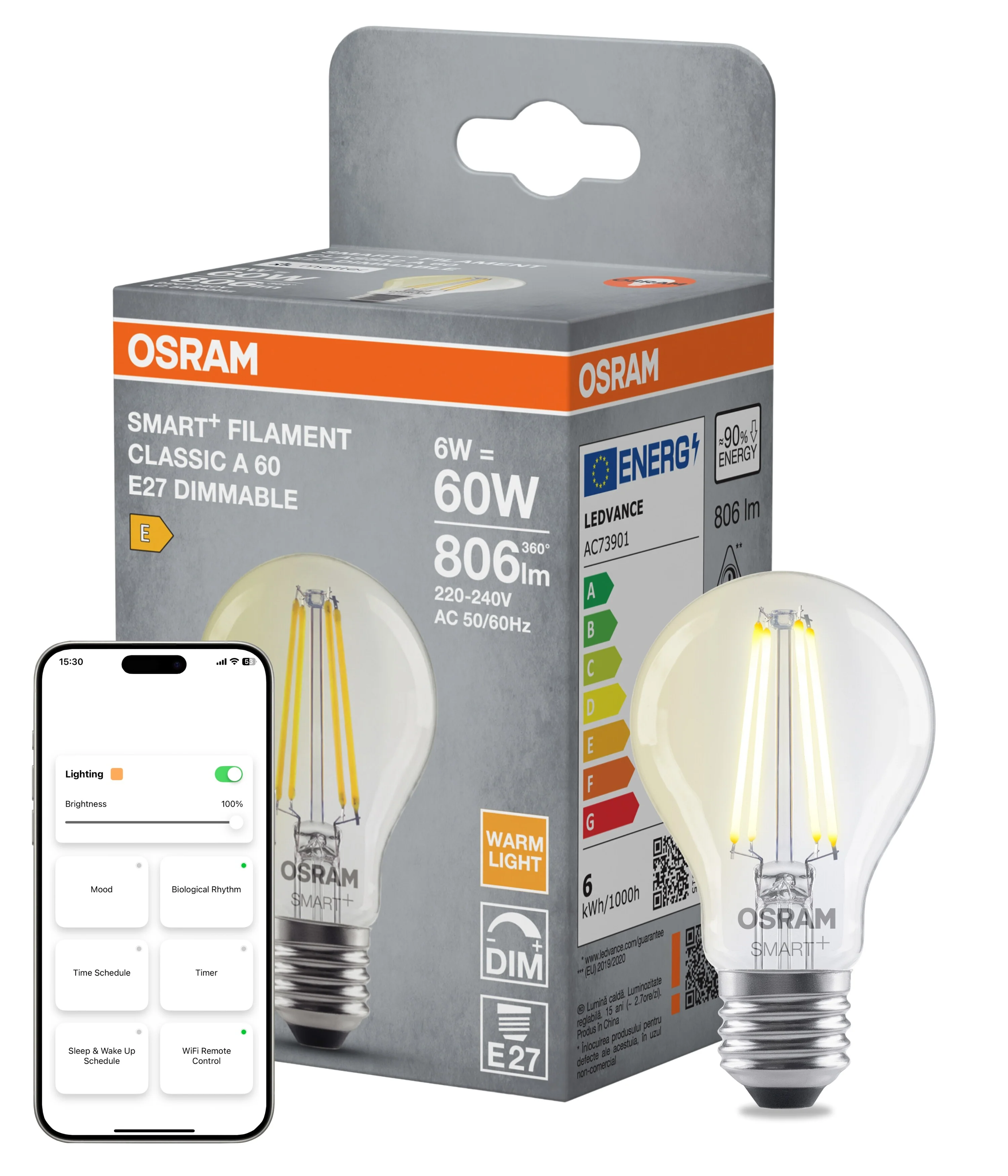 Żarówka LED OSRAM SMART+ MATTER Filament Dimmable Classic A60 6W 827 E27 - Image 4