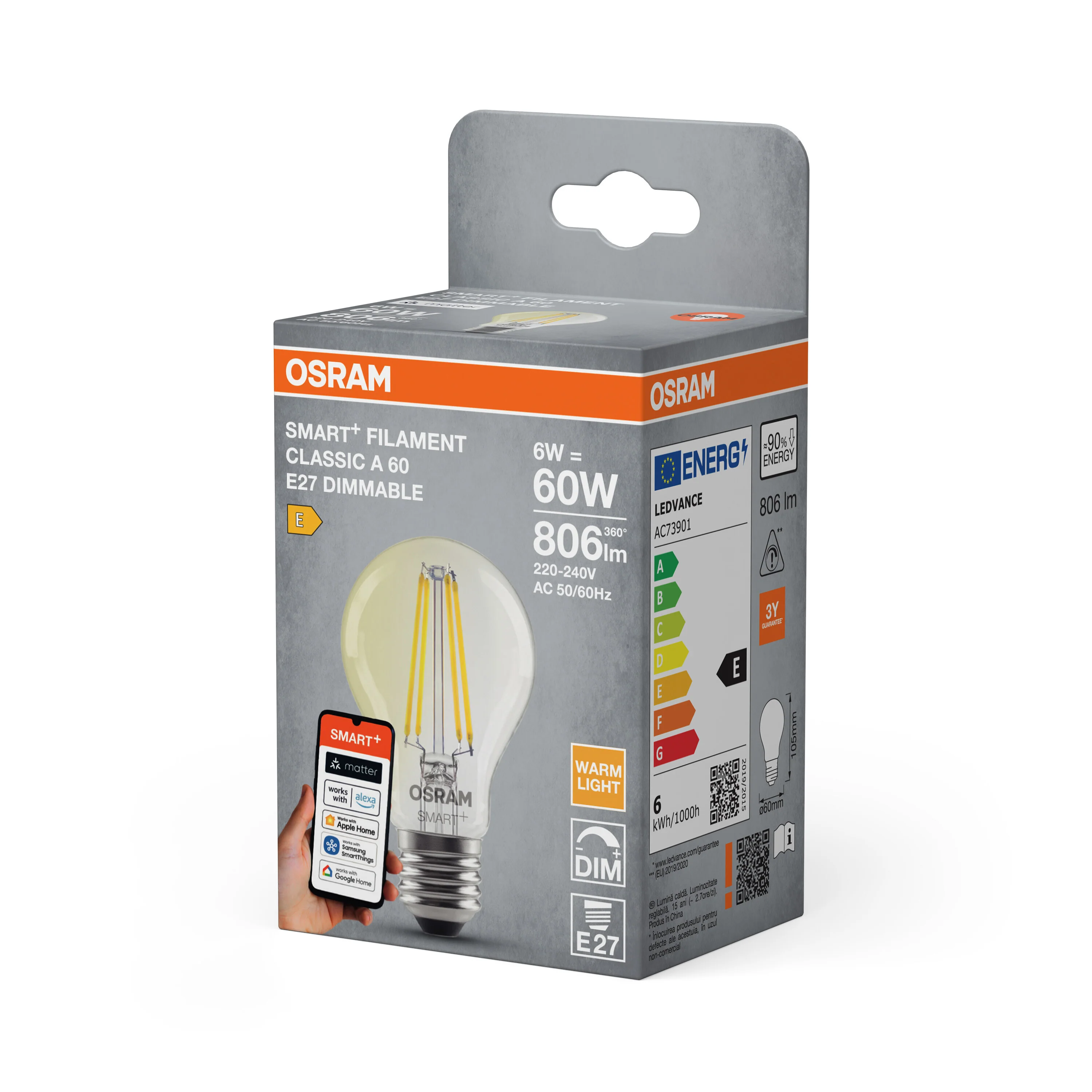 Żarówka LED OSRAM SMART+ MATTER Filament Dimmable Classic A60 6W 827 E27 - Image 5