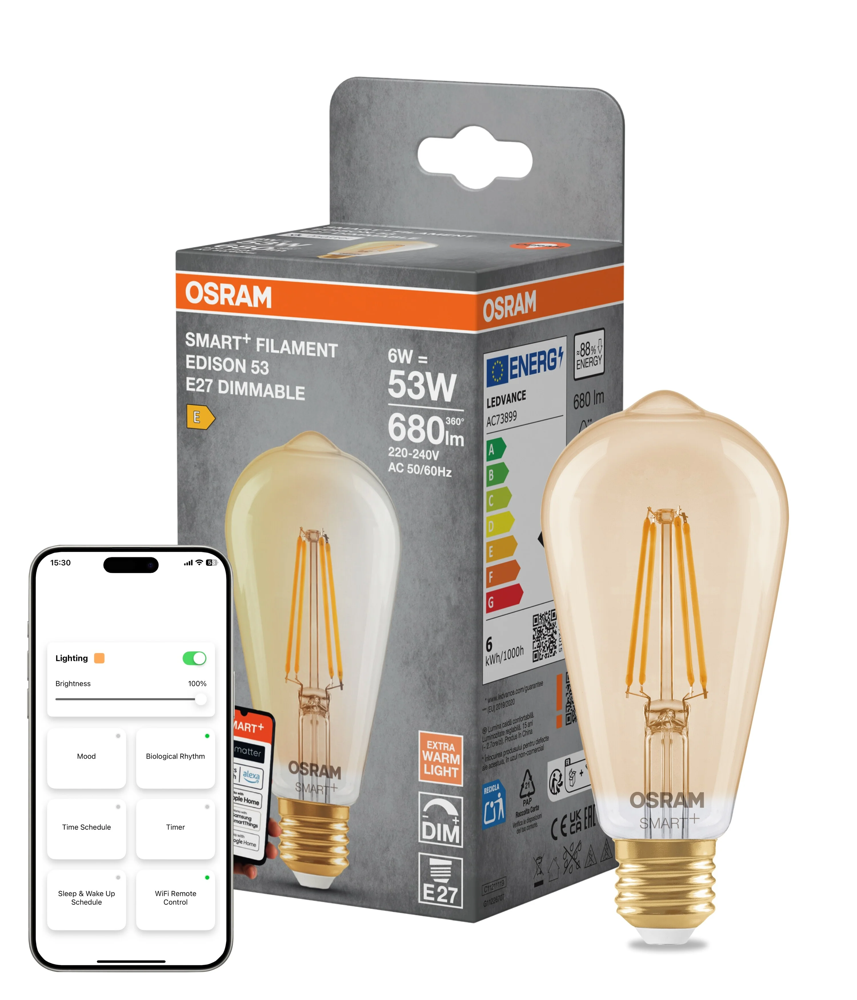 Żarówka LED OSRAM SMART+ MATTER Filament Dimmable Classic Edison 53 6W 824 Gold E27 - Image 4