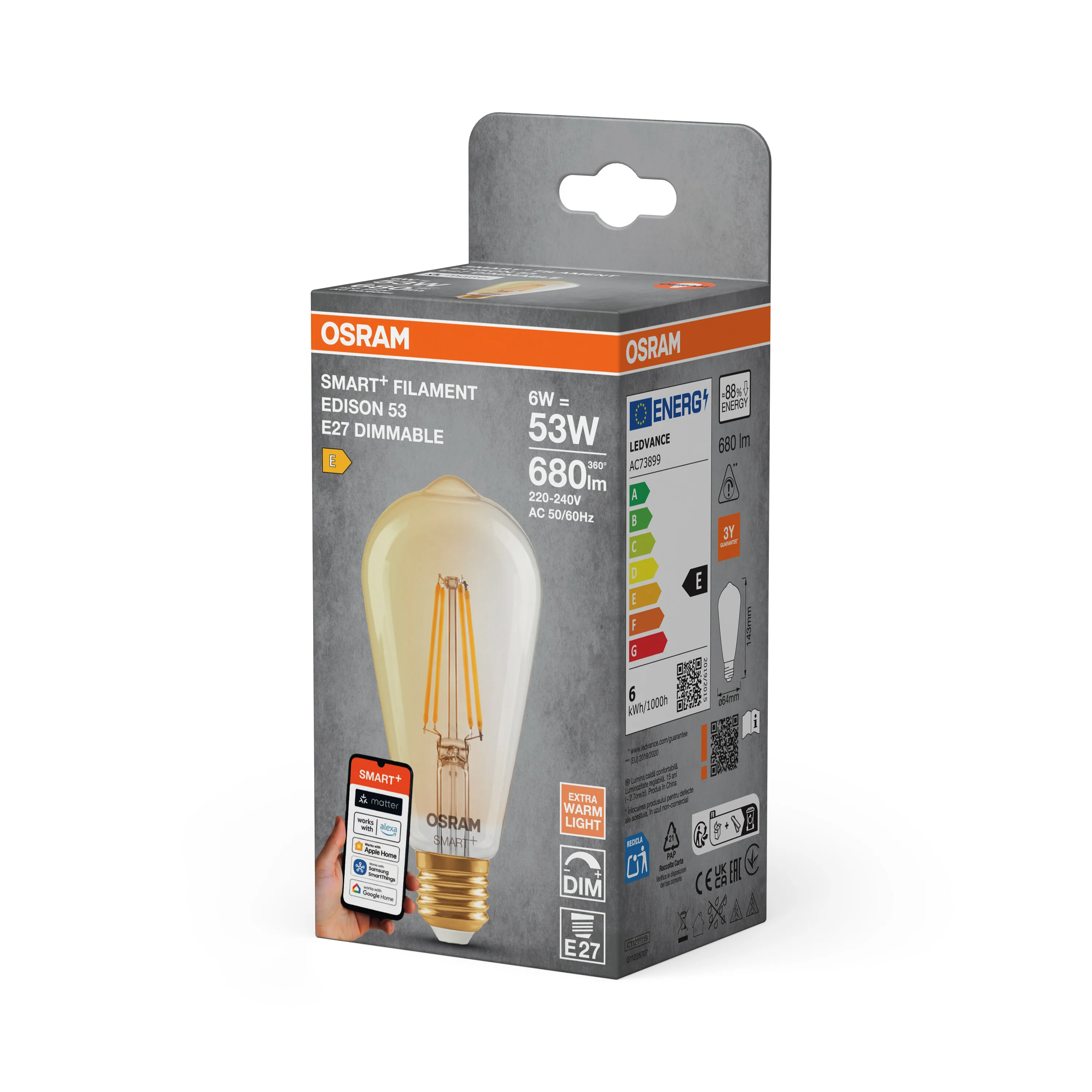 Żarówka LED OSRAM SMART+ MATTER Filament Dimmable Classic Edison 53 6W 824 Gold E27 - Image 5