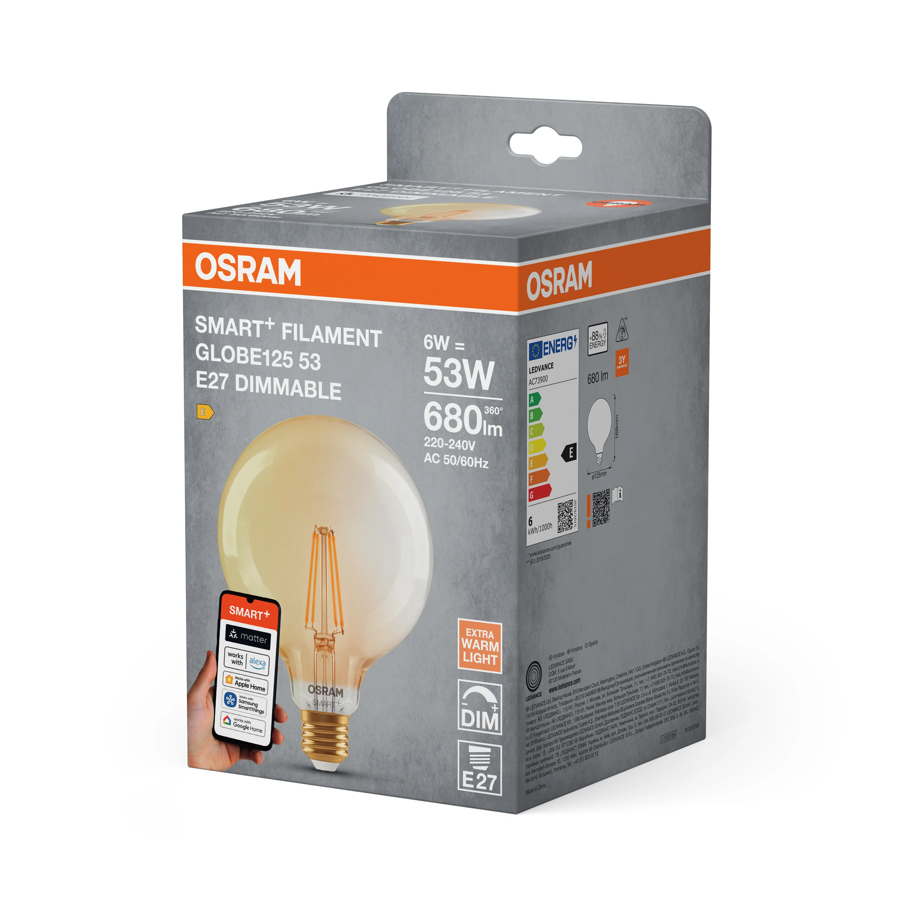 Żarówka LED OSRAM SMART+ MATTER Filament Dimmable Classic Globe 53 6W 824 Gold E27 - Image 5