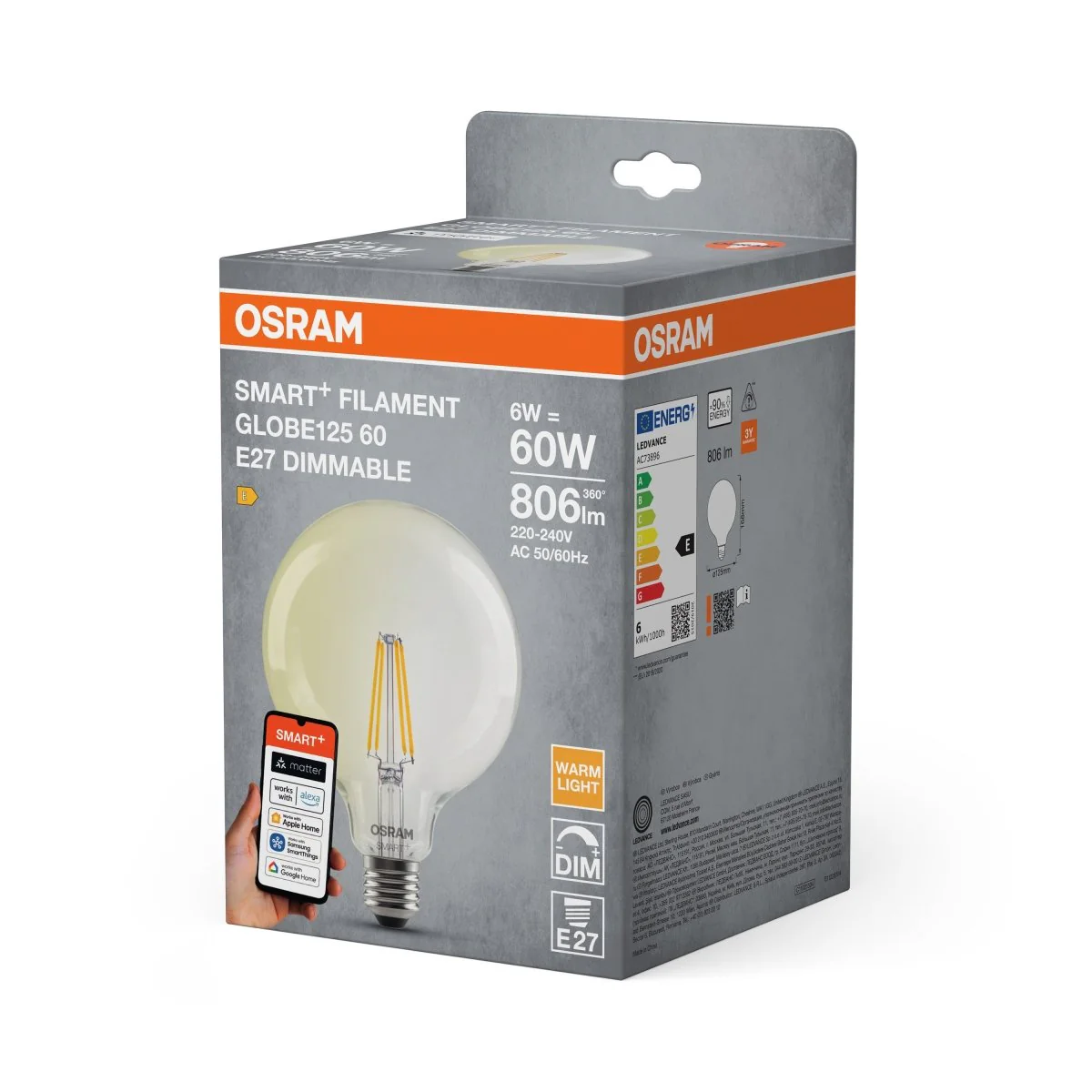 Żarówka LED OSRAM SMART+ MATTER Filament Dimmable Classic Globe 6W 827 E27 - Image 2