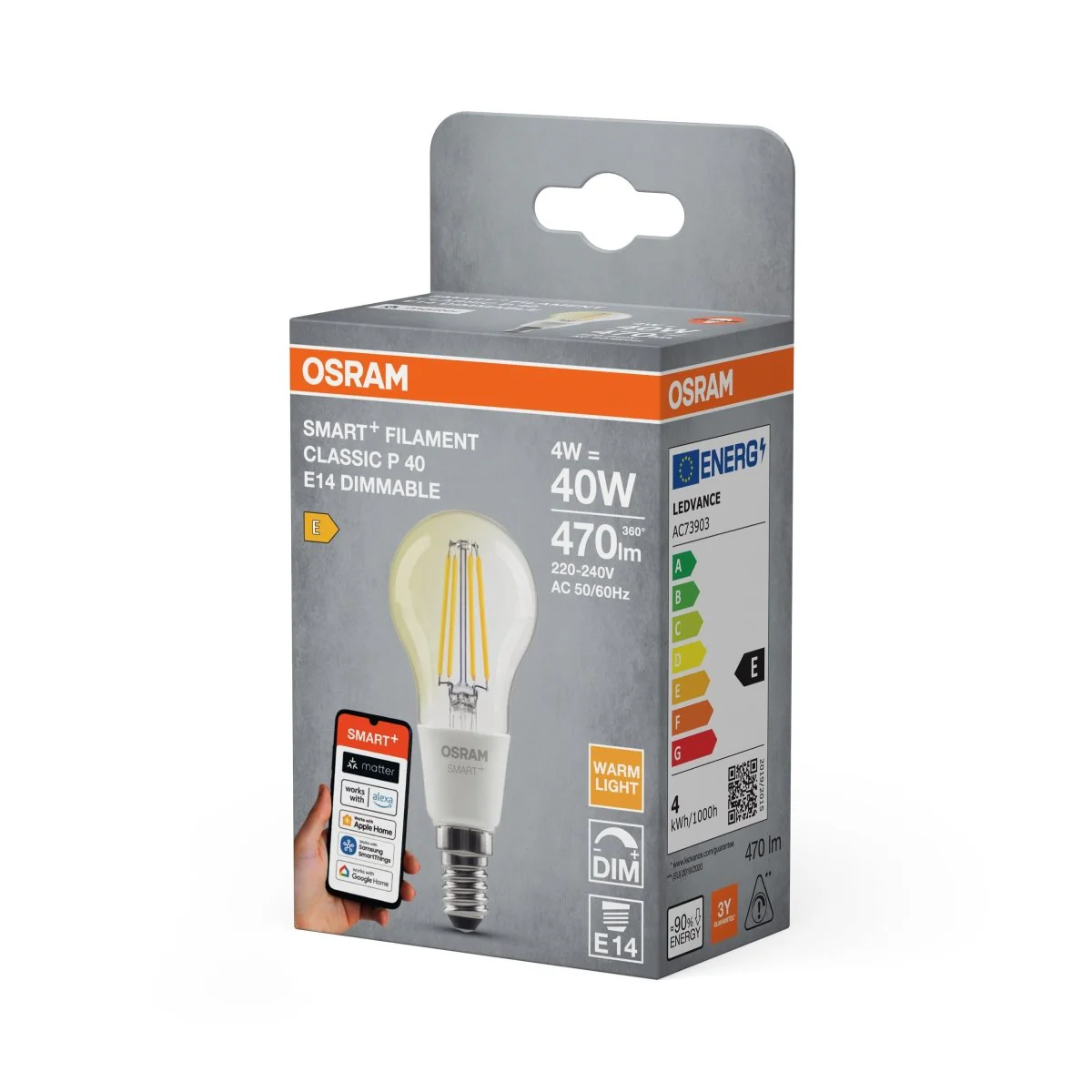 Żarówka LED OSRAM SMART+ MATTER Filament Dimmable Classic P40 4W 827 E14 - Image 2