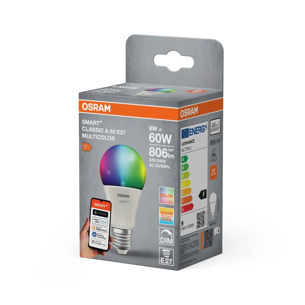 Żarówka LED OSRAM SMART+ MATTER Multicolor Classic A60 9W E27 - Image 2