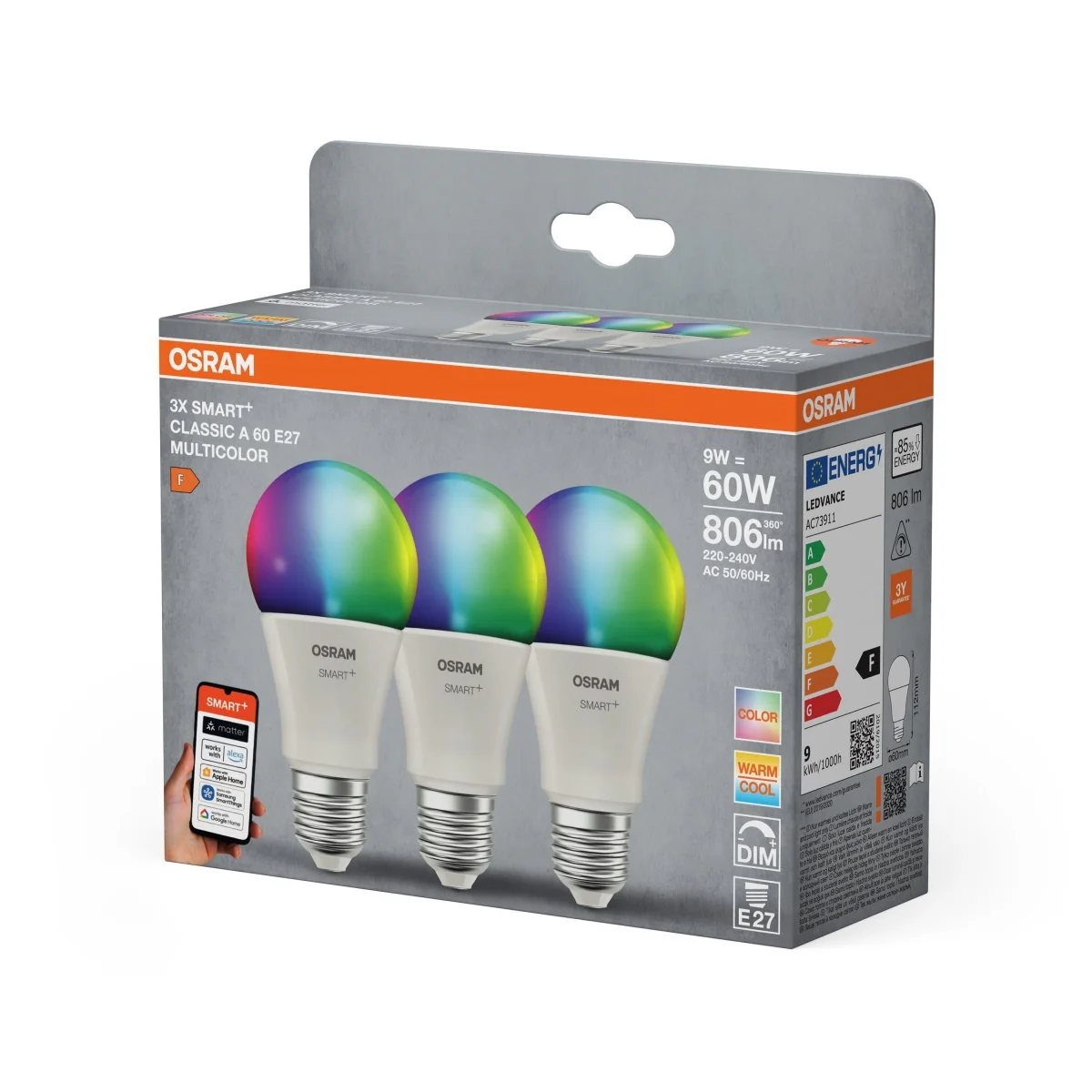 Żarówka LED OSRAM SMART+ MATTER Multicolor Classic A60 9W E27 Triple Pack - Image 2