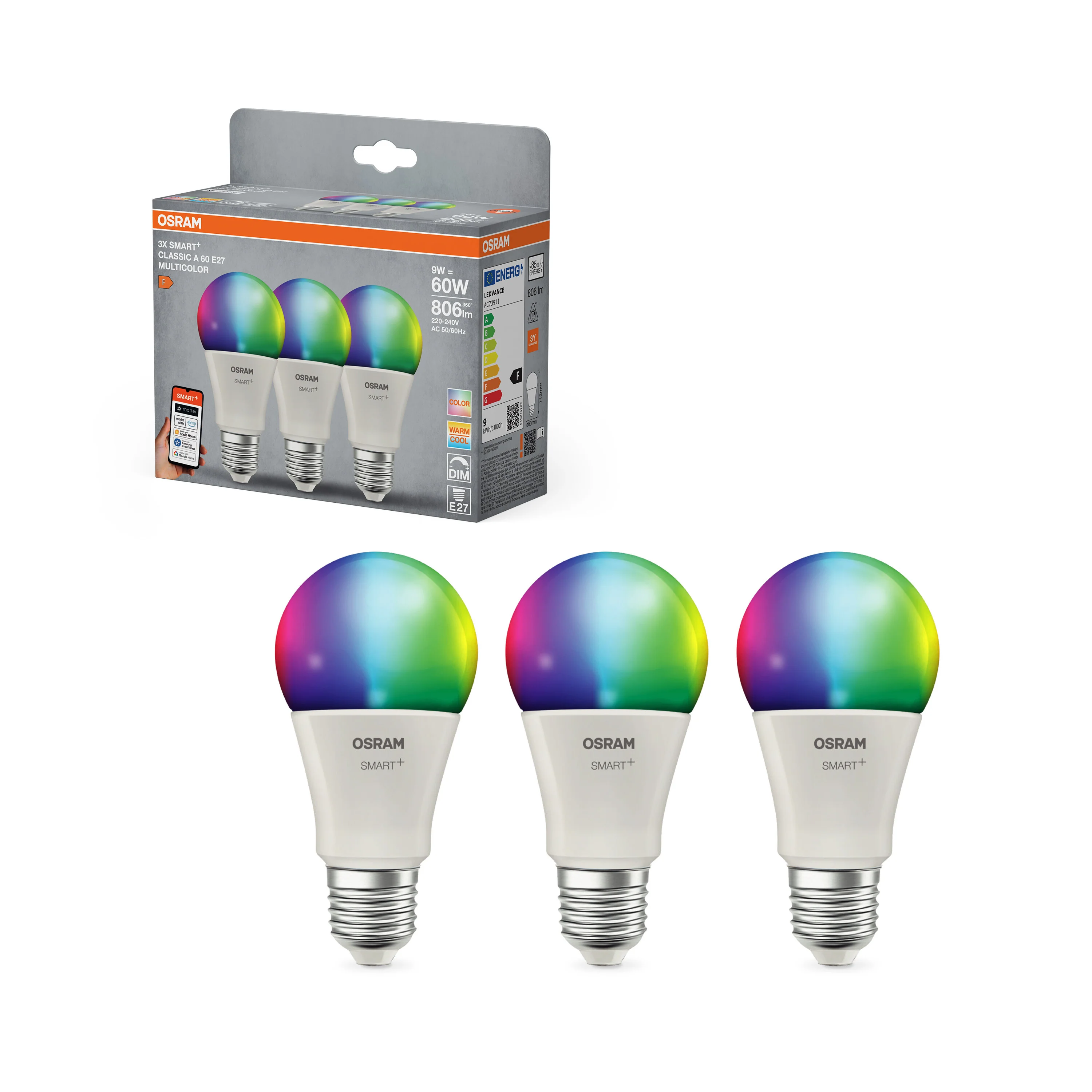 Żarówka LED OSRAM SMART+ MATTER Multicolor Classic A60 9W E27 Triple Pack - Image 5