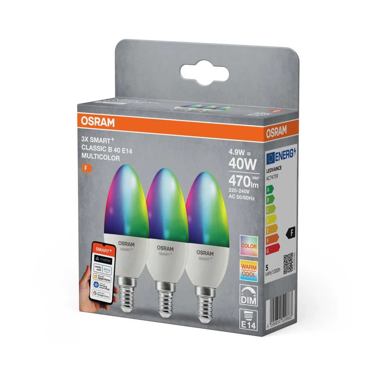 Żarówka LED OSRAM SMART+ MATTER Multicolor Classic B40 4.9W E14 Triple Pack - Image 2