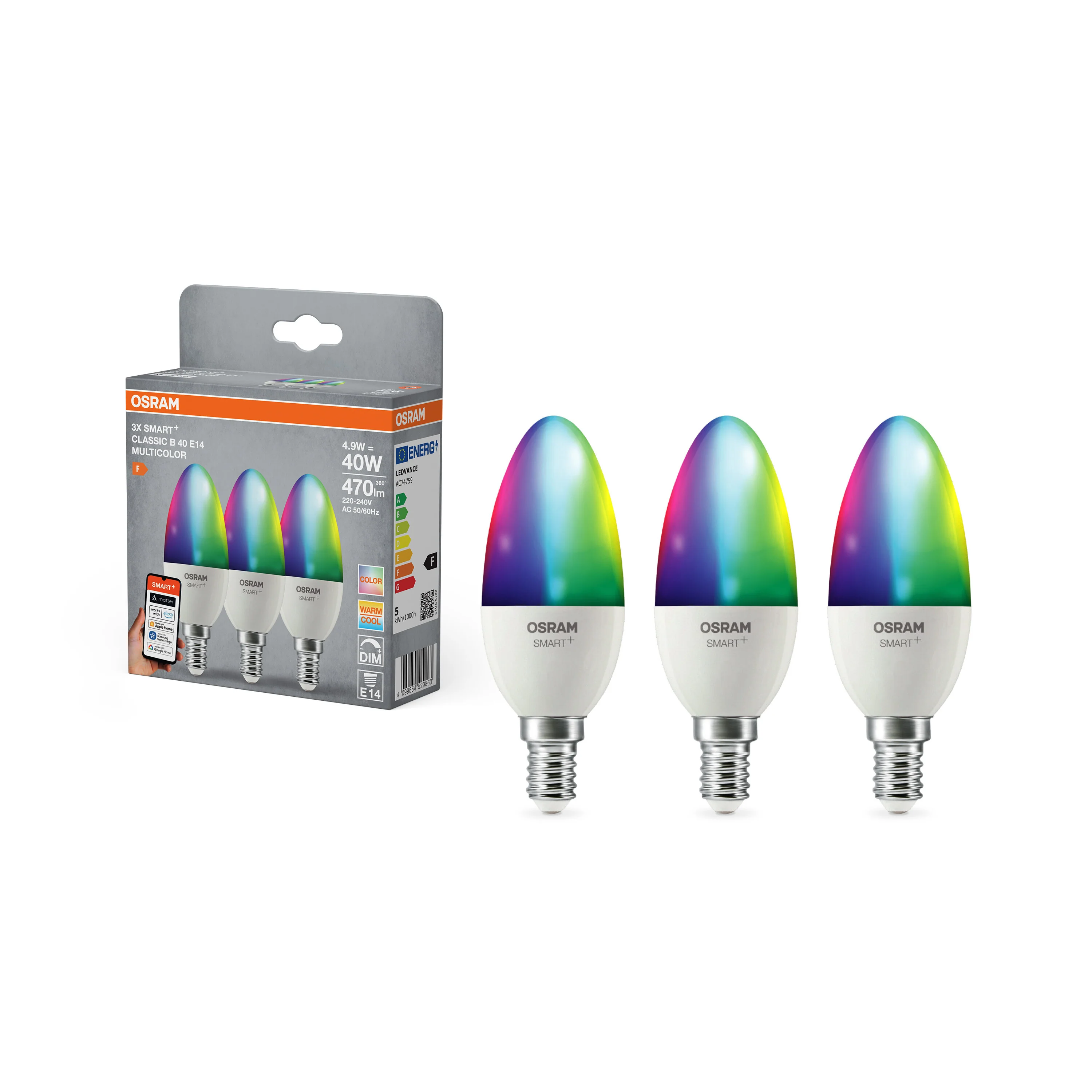 Żarówka LED OSRAM SMART+ MATTER Multicolor Classic B40 4.9W E14 Triple Pack - Image 4