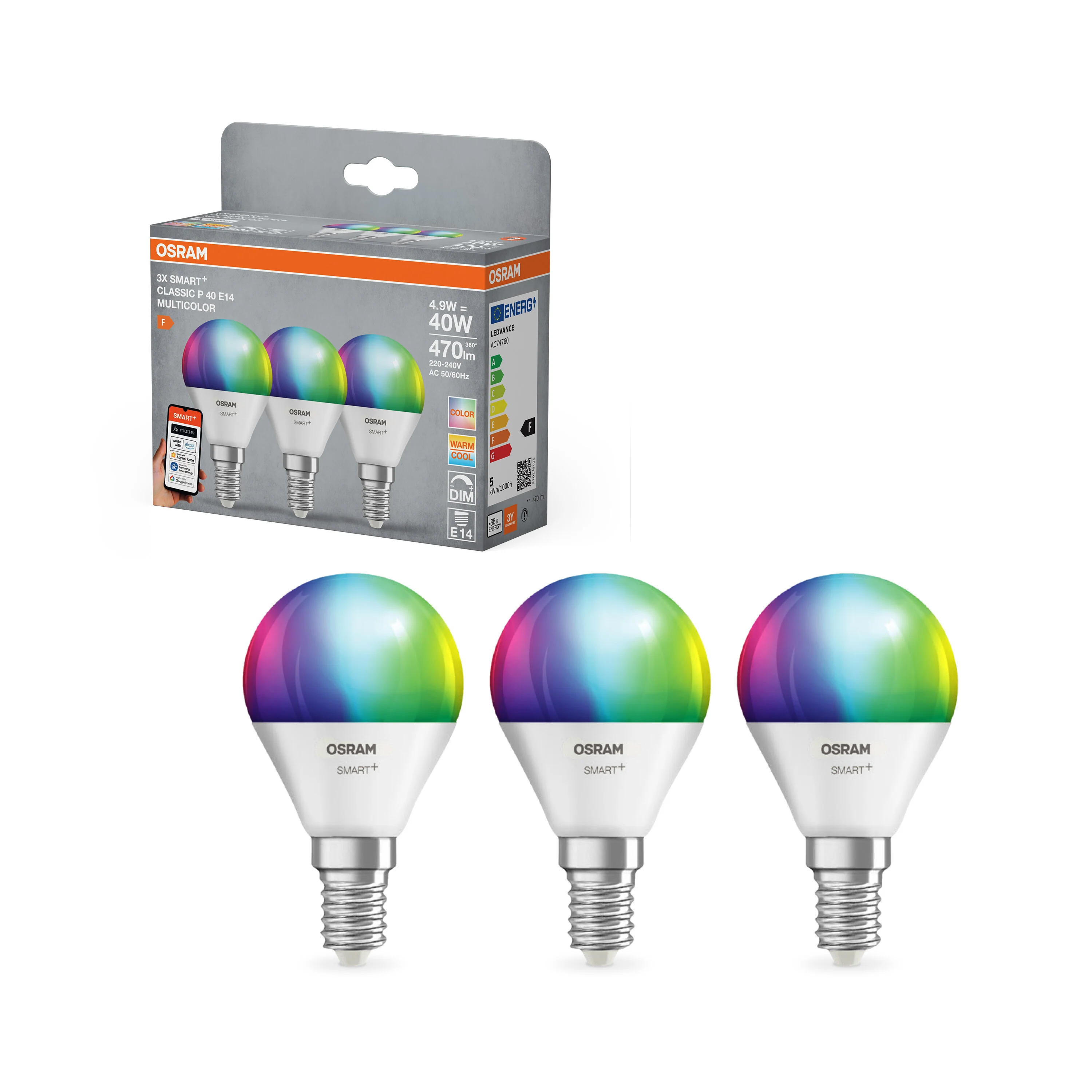 Żarówka LED OSRAM SMART+ MATTER Multicolor Classic P40 4.9W E14 Triple Pack - Image 4