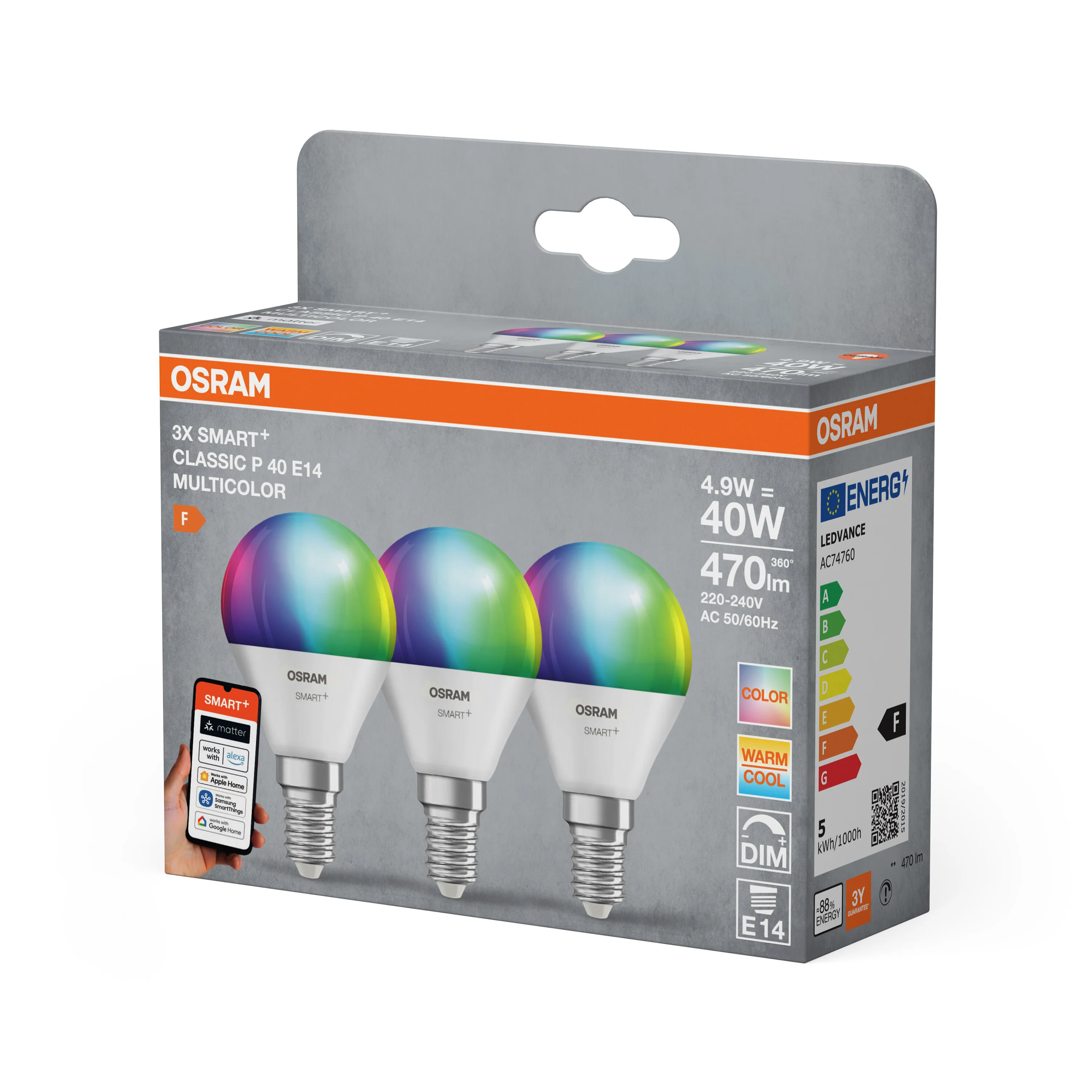 Żarówka LED OSRAM SMART+ MATTER Multicolor Classic P40 4.9W E14 Triple Pack - Image 5