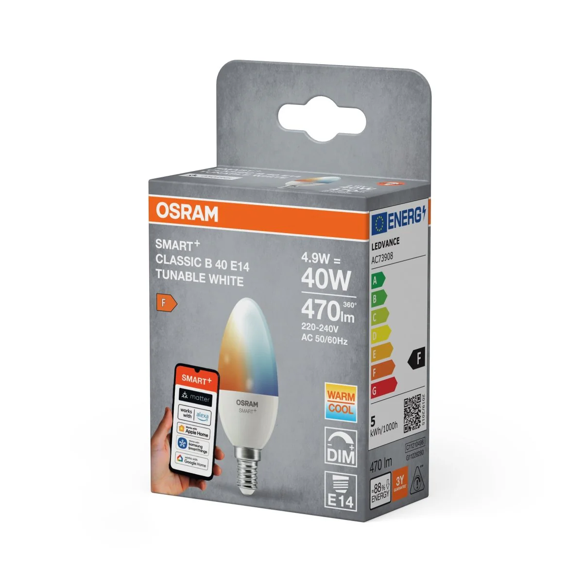 Żarówka LED OSRAM SMART+ MATTER Tunable biały Classic B40 4.9W E14 - Image 2