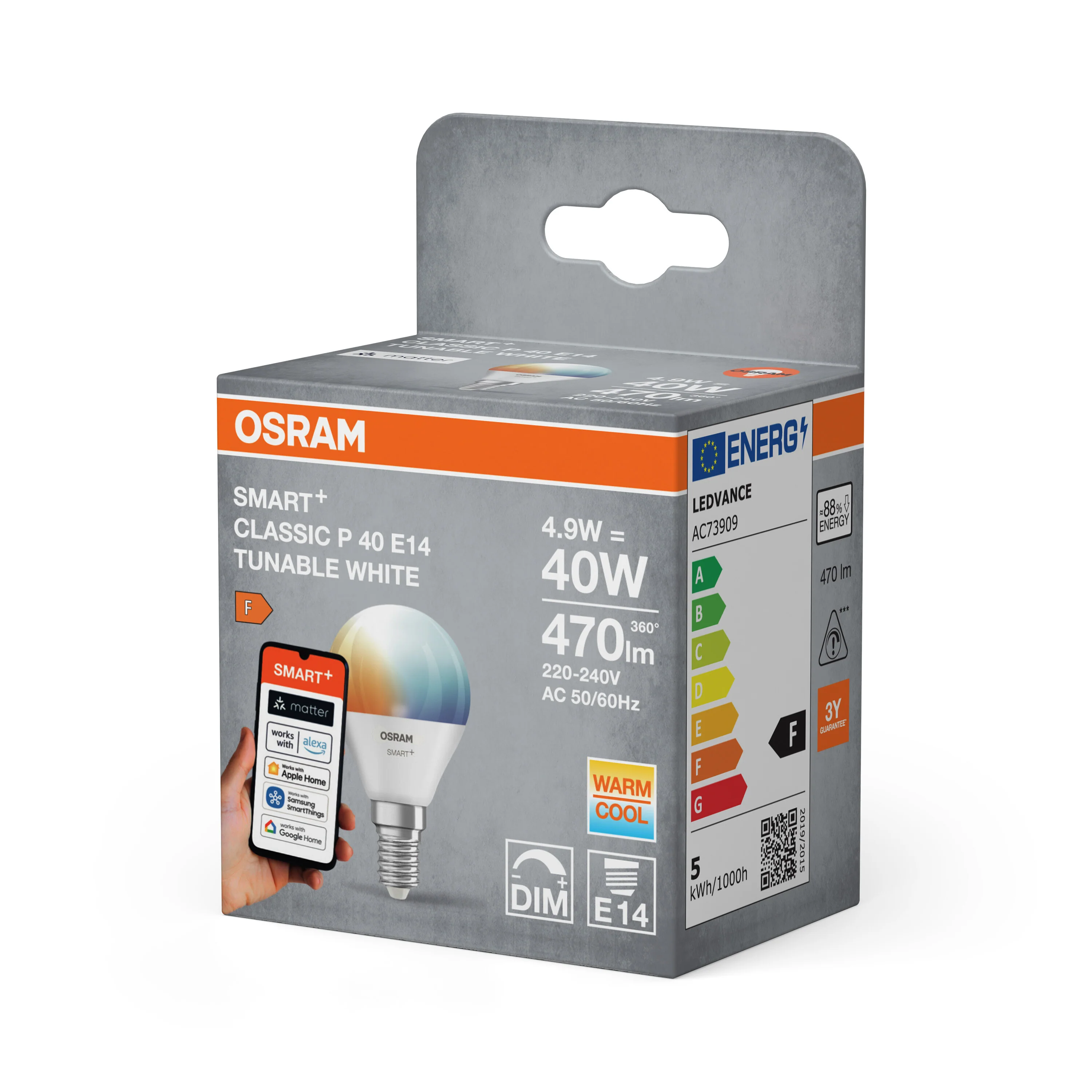 Żarówka LED OSRAM SMART+ MATTER Tunable biały Classic P40 4.9W E14 - Image 5
