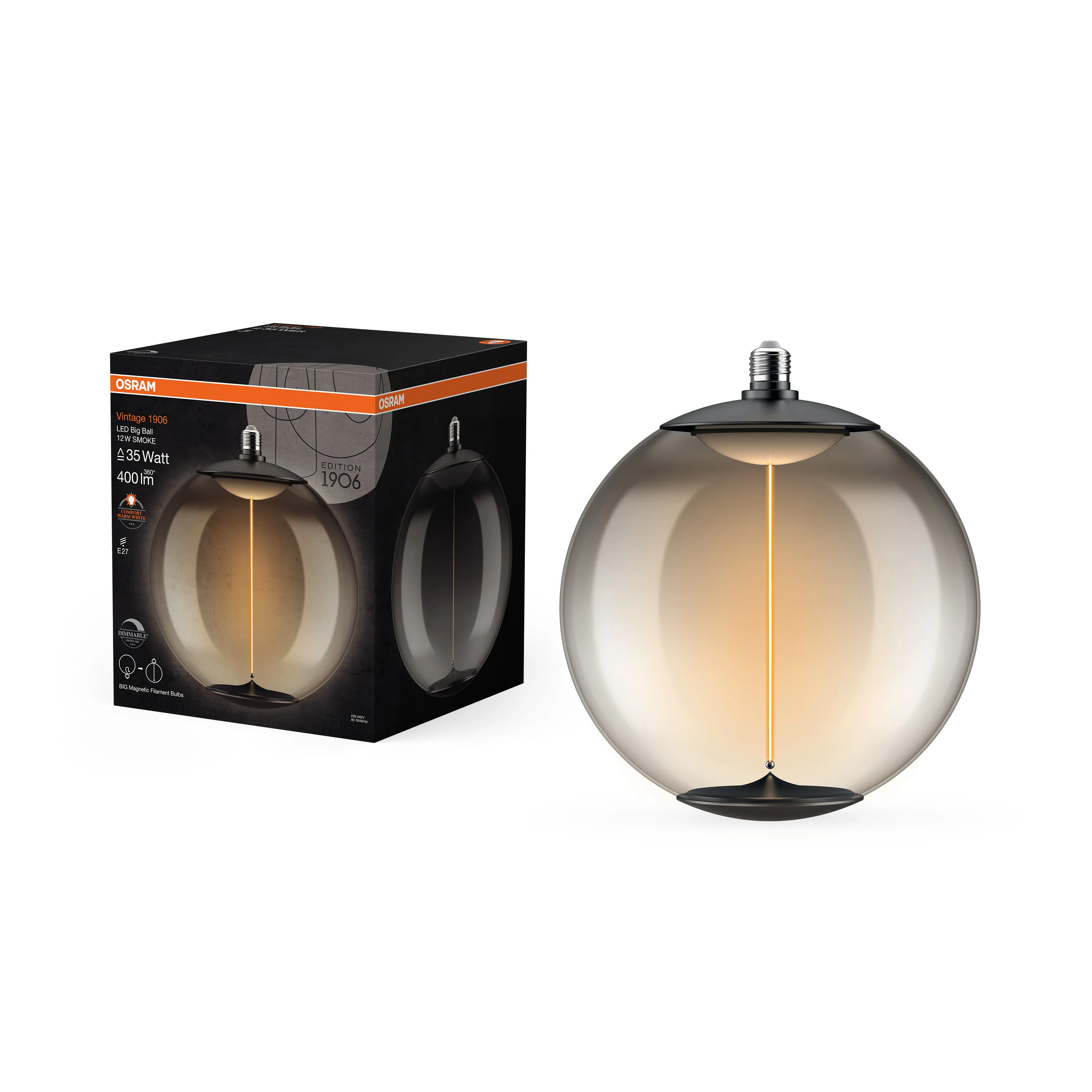 Żarówka LED OSRAM Vintage 1906 Big Ball 35 Filament Magnetic 12W 818 Smoke E27 - Image 5