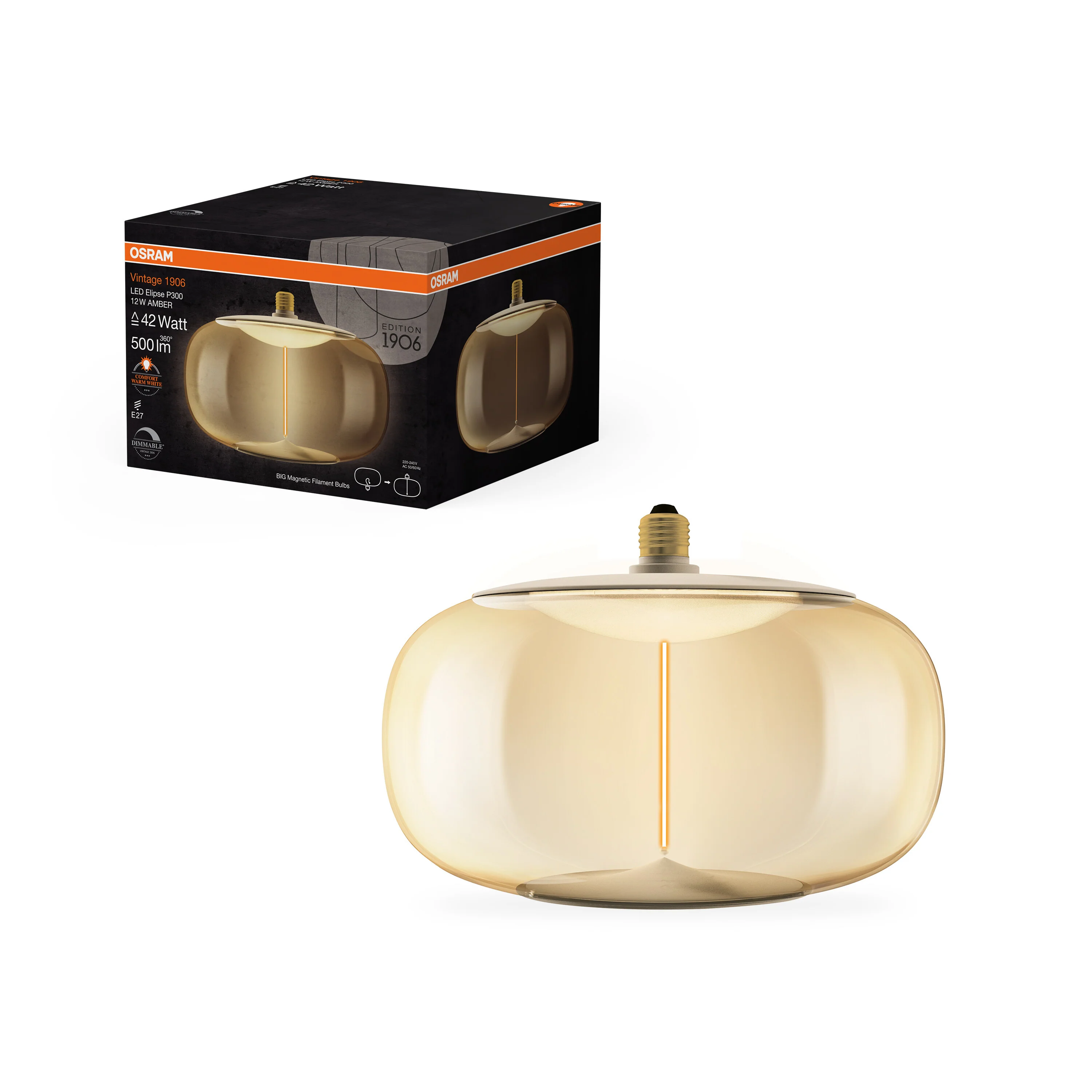 Żarówka LED OSRAM Vintage 1906 Big Elipse 42 Filament Magnetic DIM 12W 818 Amber E27 - Image 5