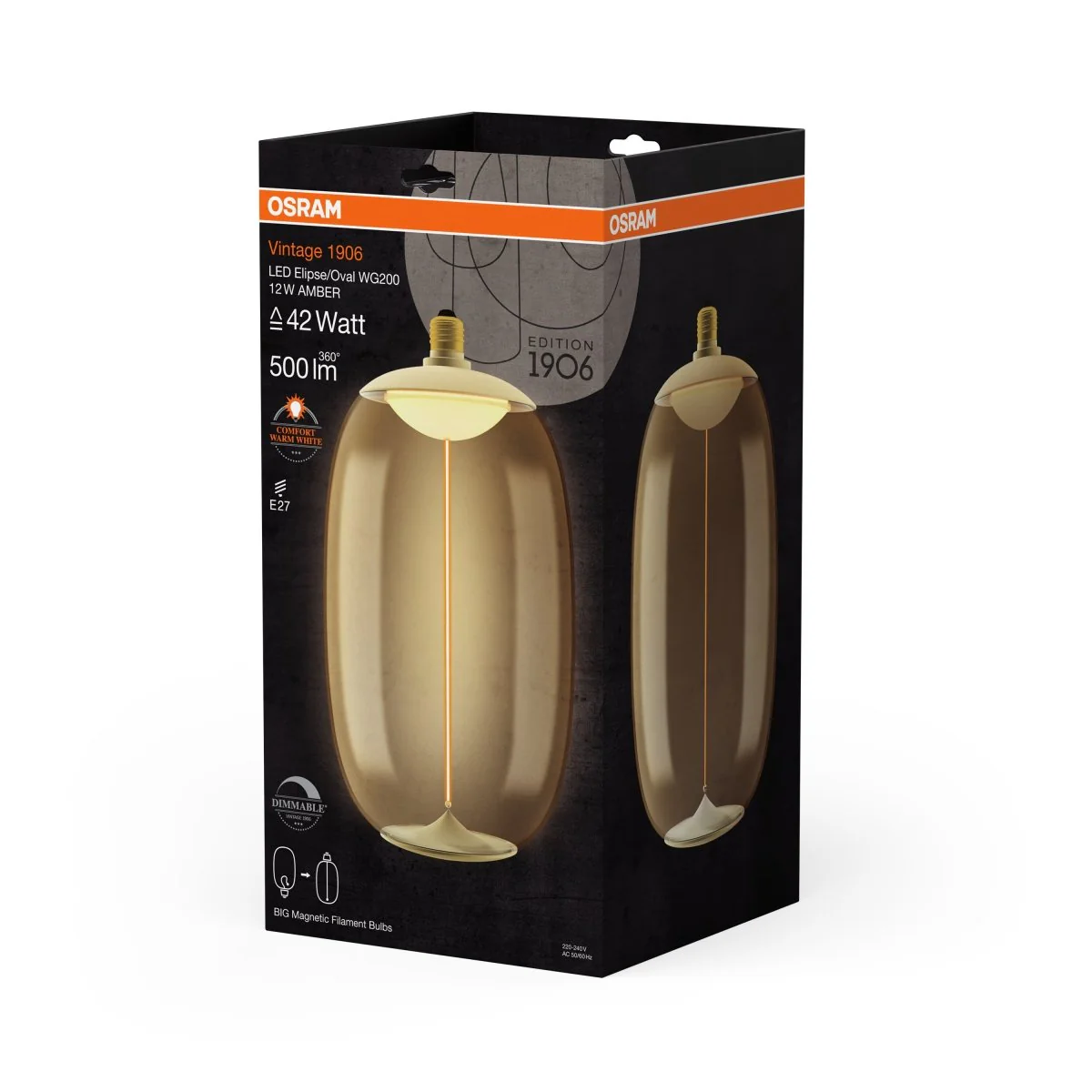 Żarówka LED OSRAM Vintage 1906 Big Elipse Oval 42 Filament Magnetic DIM 12W 818 Amber E27 - Image 2