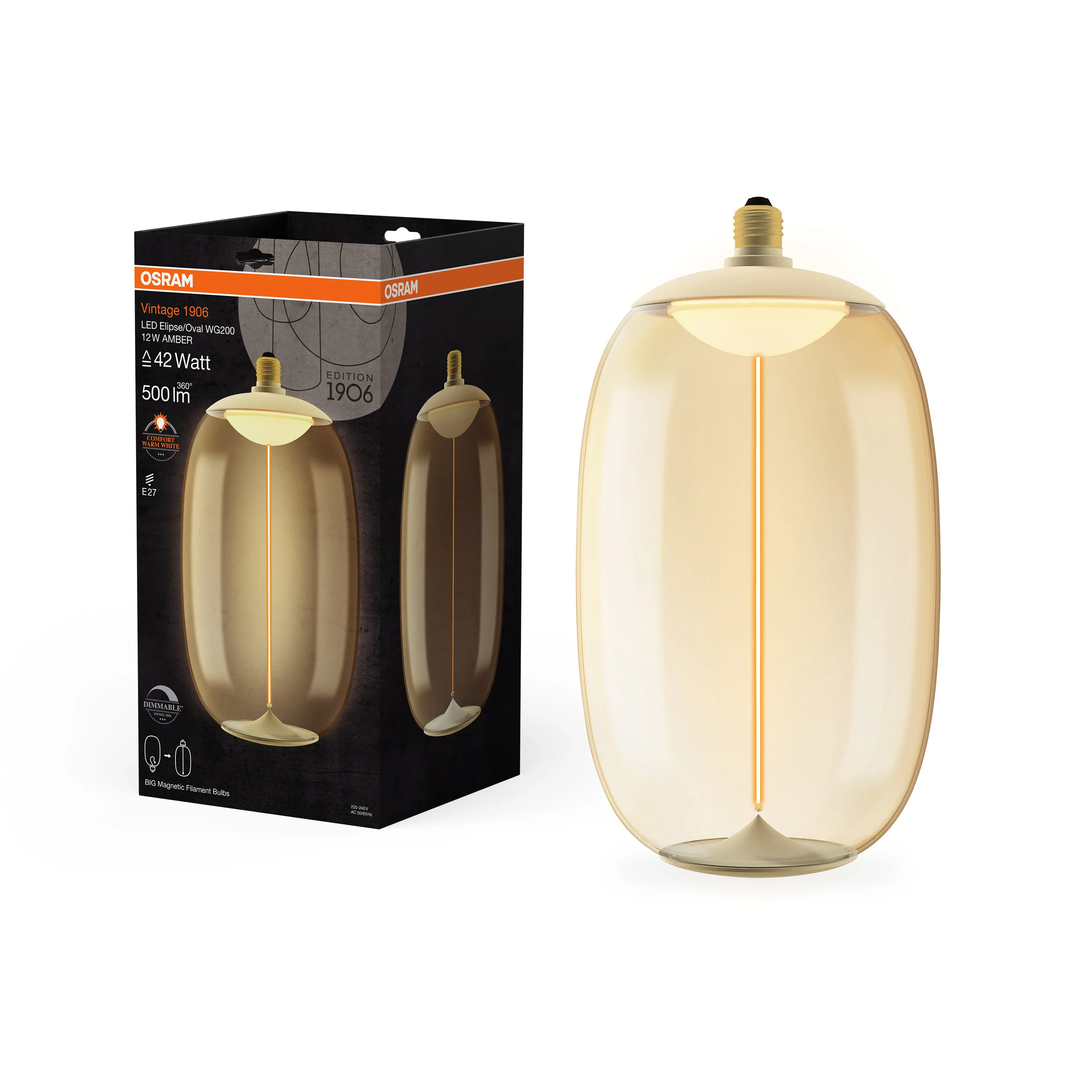 Żarówka LED OSRAM Vintage 1906 Big Elipse Oval 42 Filament Magnetic DIM 12W 818 Amber E27 - Image 5