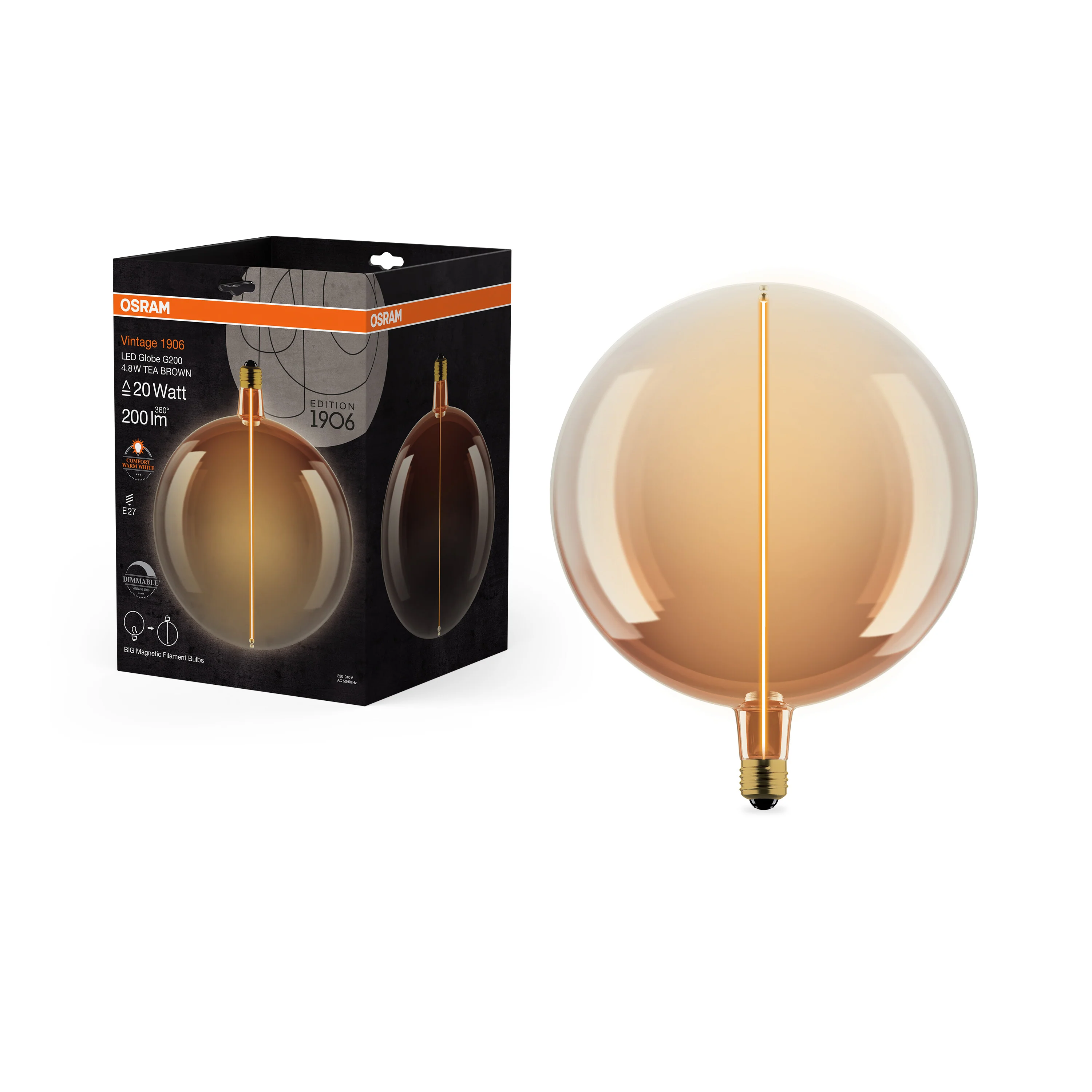 Żarówka LED OSRAM Vintage 1906 Big Globe 200 20 Magnetic DIM 4.8W 818 Tea Brown E27 - Image 5