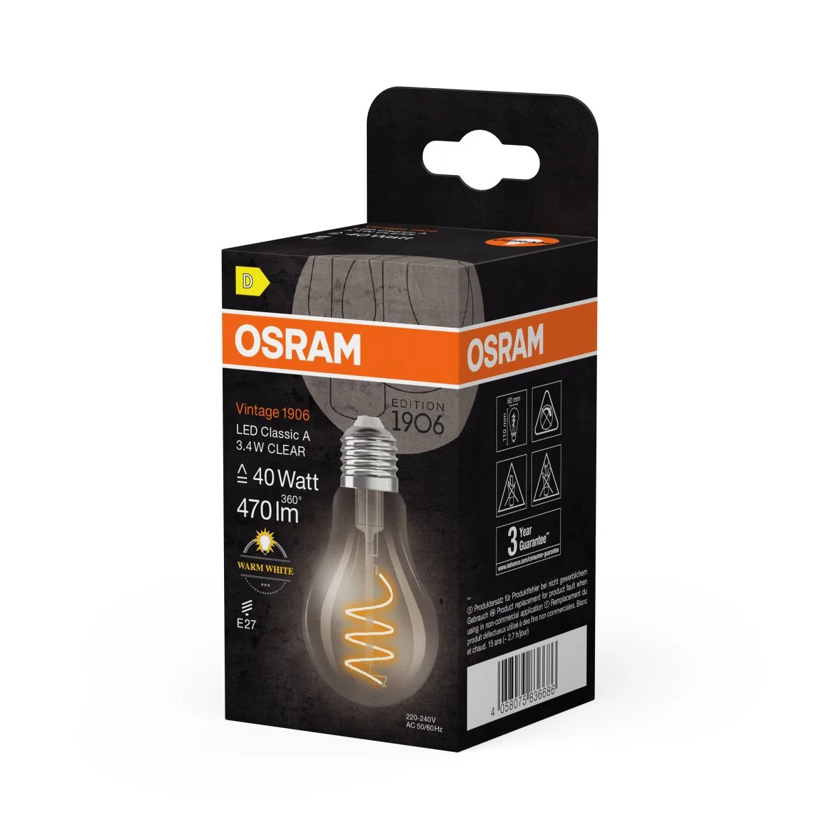 Żarówka LED OSRAM Vintage 1906 Classic A 40 Spiral Filament 3.4W 827 Clear E27 - Image 2