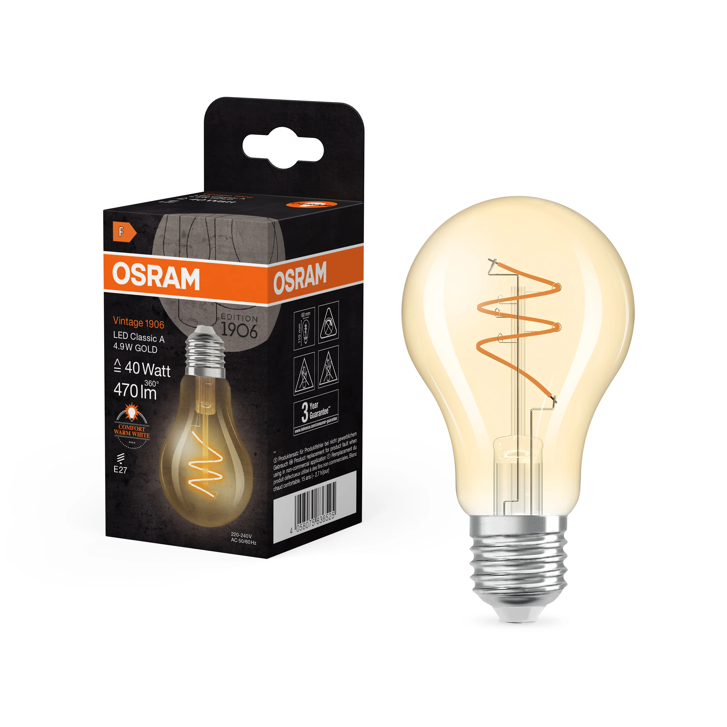 Żarówka LED OSRAM Vintage 1906 Classic A 40 Spiral Filament 4.9W 927 Gold E27 - Image 5