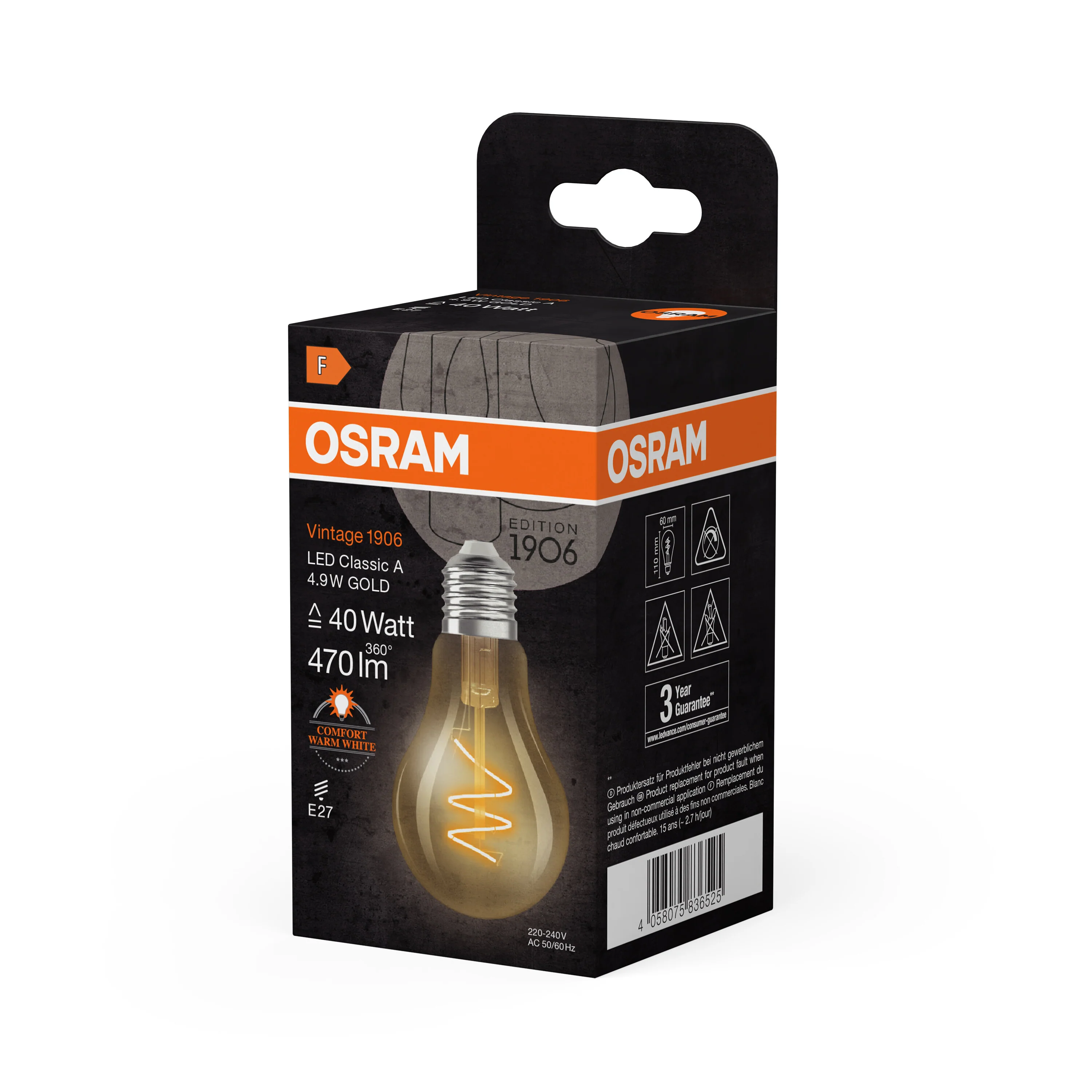 Żarówka LED OSRAM Vintage 1906 Classic A 40 Spiral Filament 4.9W 927 Gold E27 - Image 6