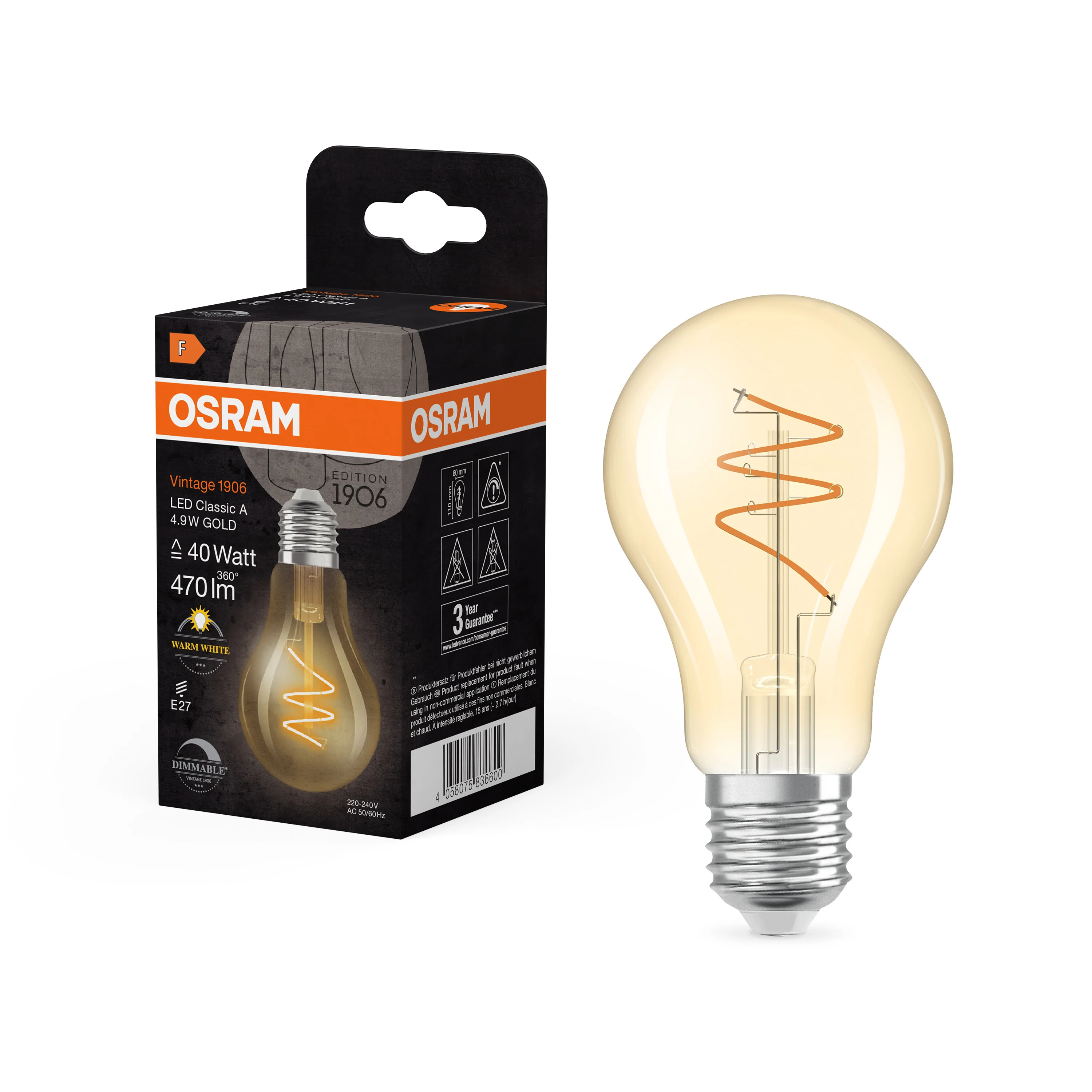 Żarówka LED OSRAM Vintage 1906 Classic A 40 Spiral Filament DIM 4.9W 927 Gold E27 - Image 5