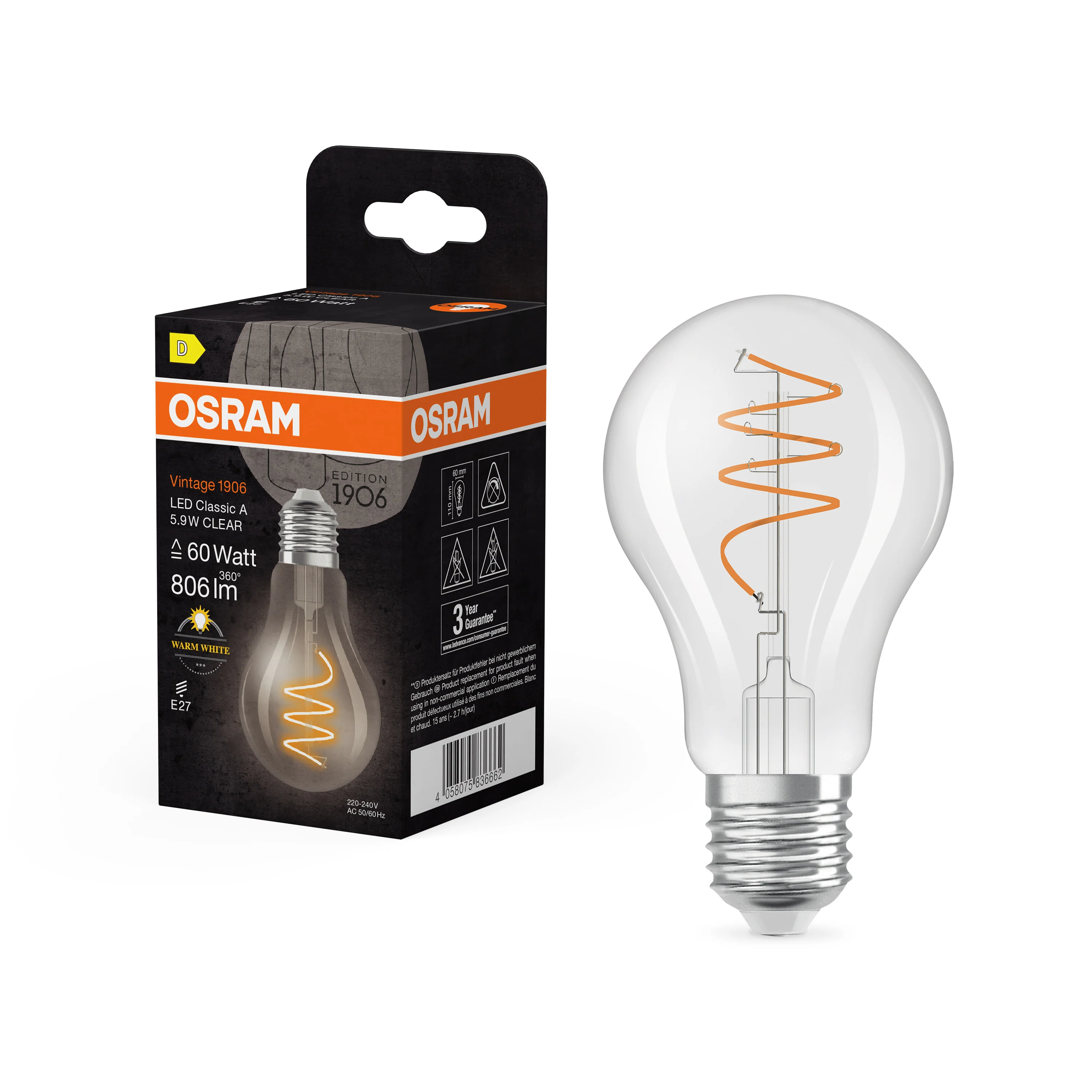 Żarówka LED OSRAM Vintage 1906 Classic A 60 Spiral Filament 5.9W 827 Clear E27 - Image 5