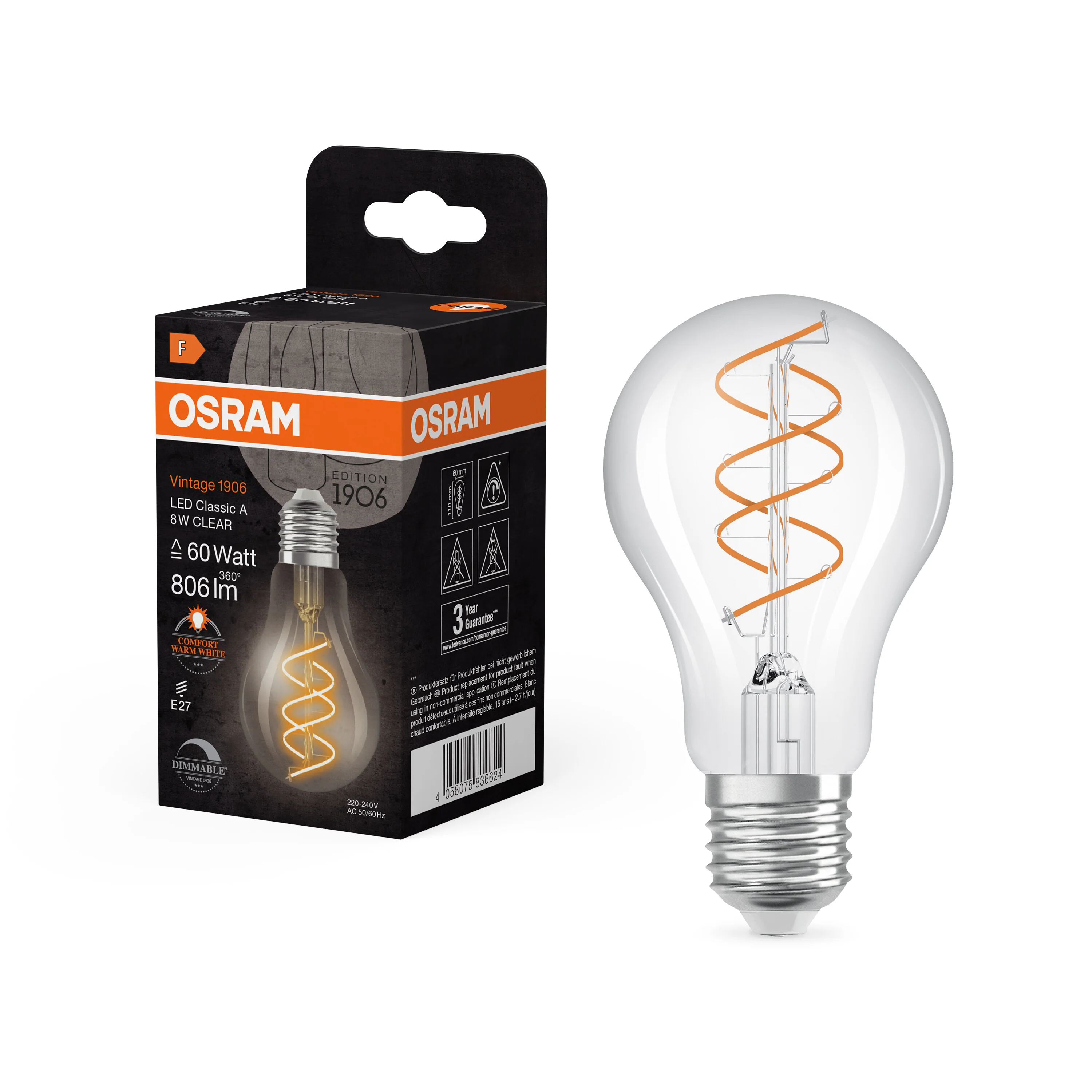 Żarówka LED OSRAM Vintage 1906 Classic A 60 Spiral Filament DIM 8W 922 Clear E27 - Image 5