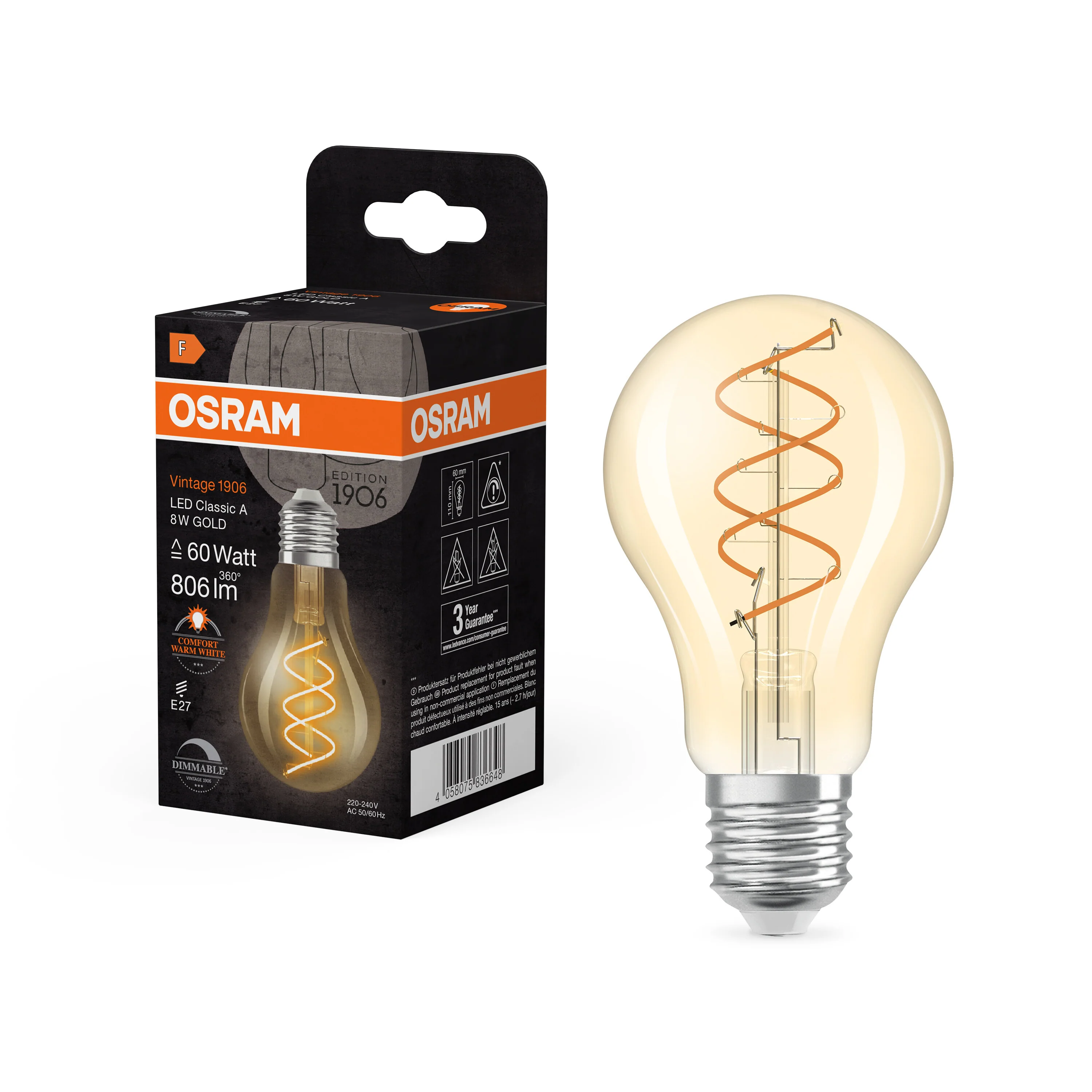 Żarówka LED OSRAM Vintage 1906 Classic A 60 Spiral Filament DIM 8W 922 Gold E27 - Image 5