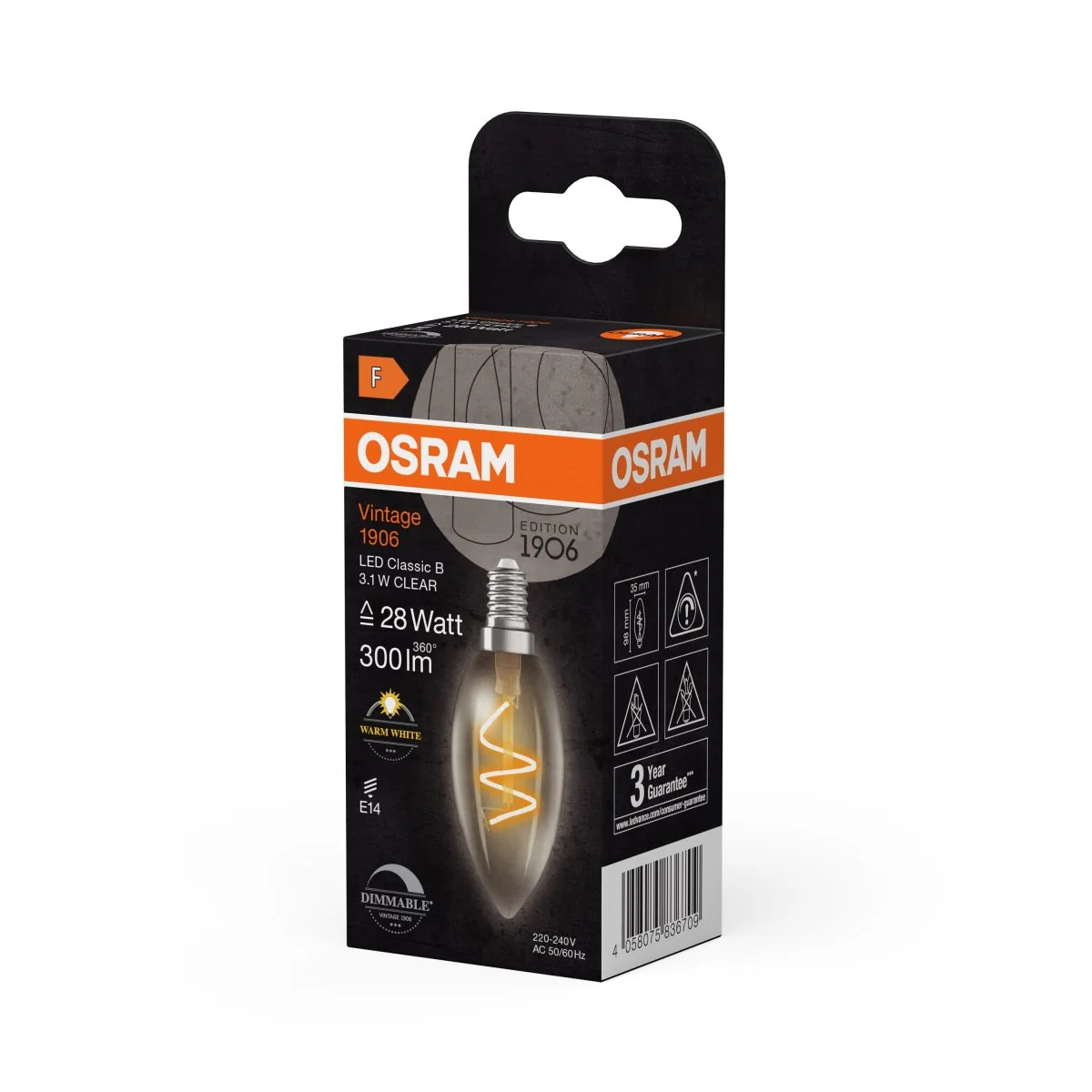 Żarówka LED OSRAM Vintage 1906 Classic B 28 Spiral Filament DIM 3.1W 927 Clear E14 - Image 2