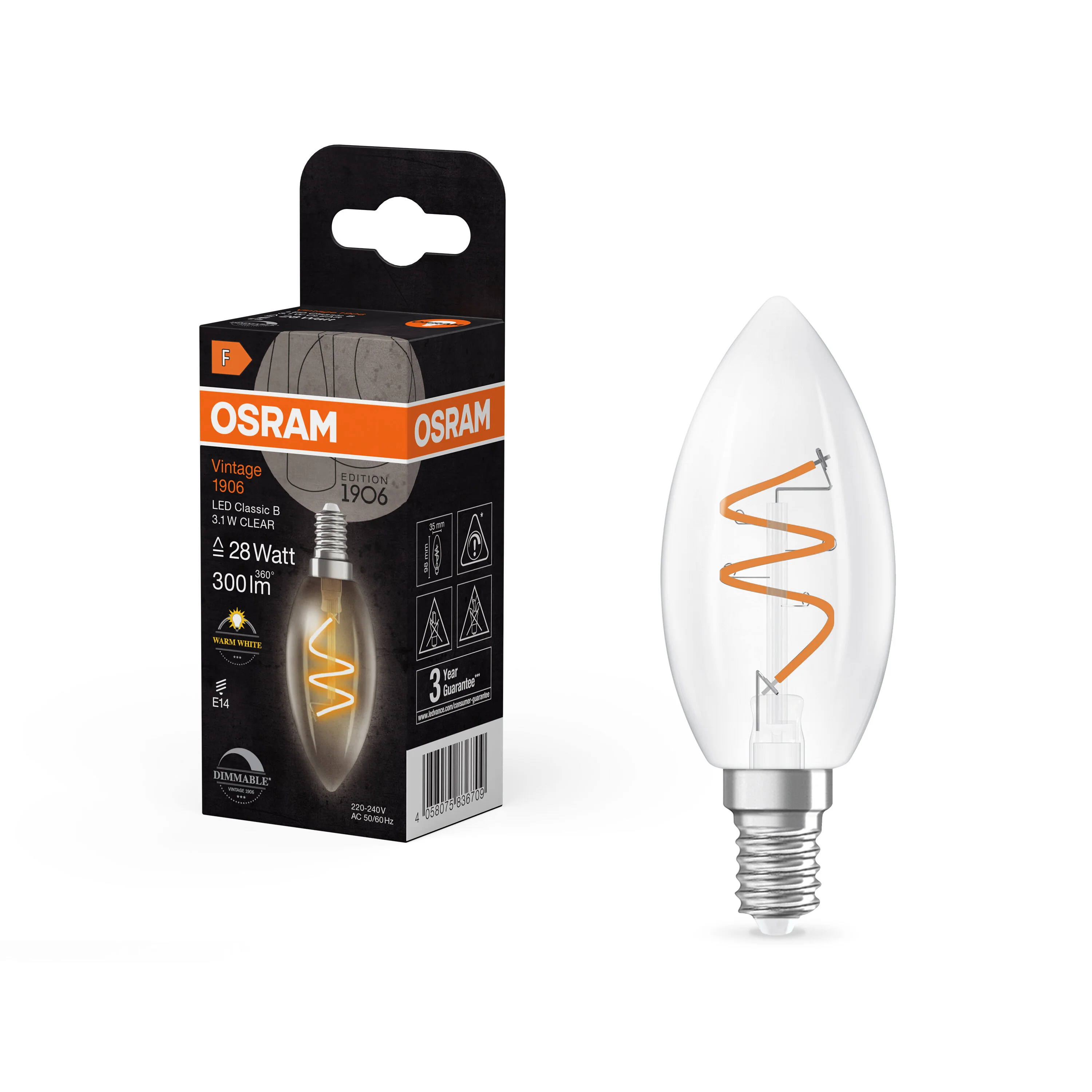 Żarówka LED OSRAM Vintage 1906 Classic B 28 Spiral Filament DIM 3.1W 927 Clear E14 - Image 5