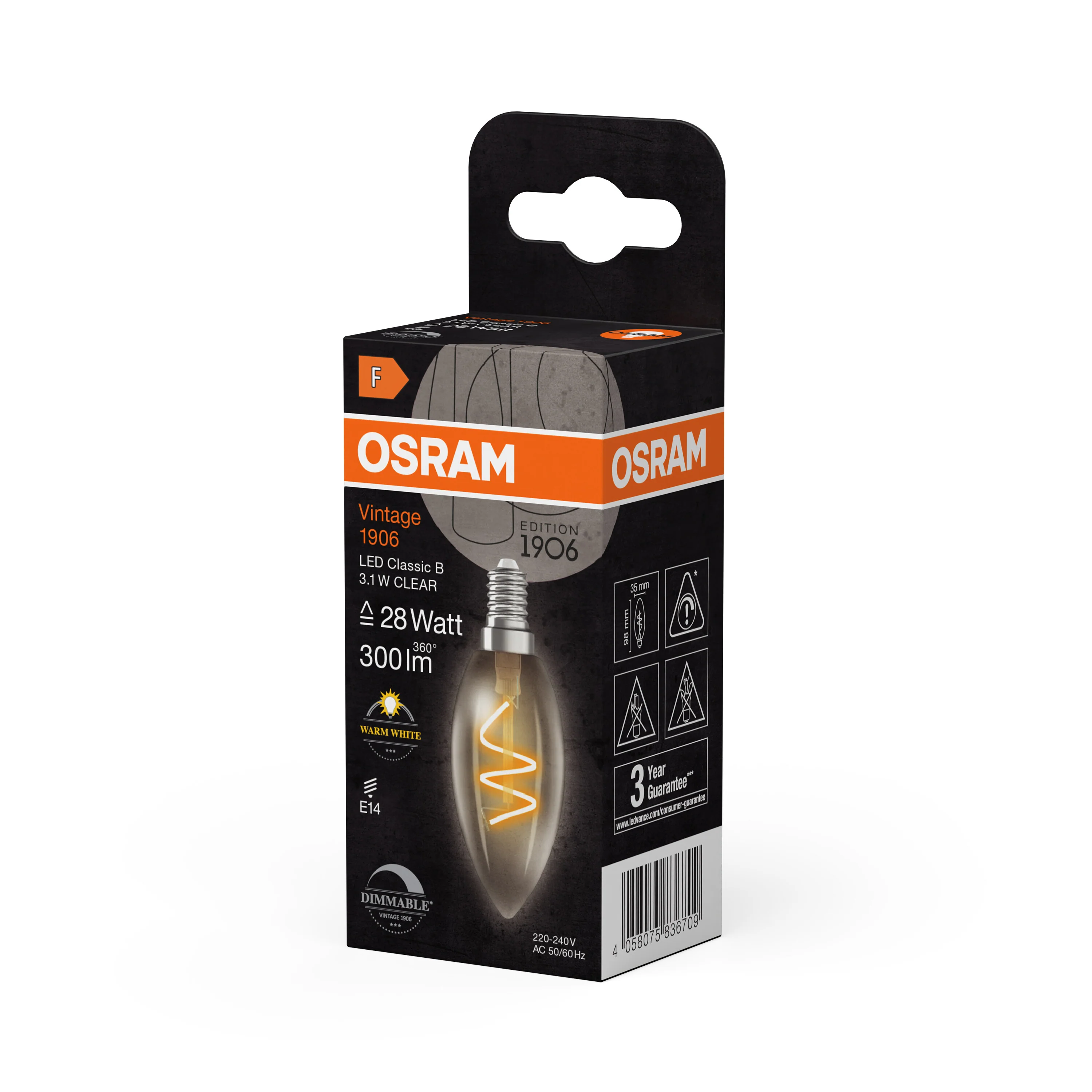 Żarówka LED OSRAM Vintage 1906 Classic B 28 Spiral Filament DIM 3.1W 927 Clear E14 - Image 6