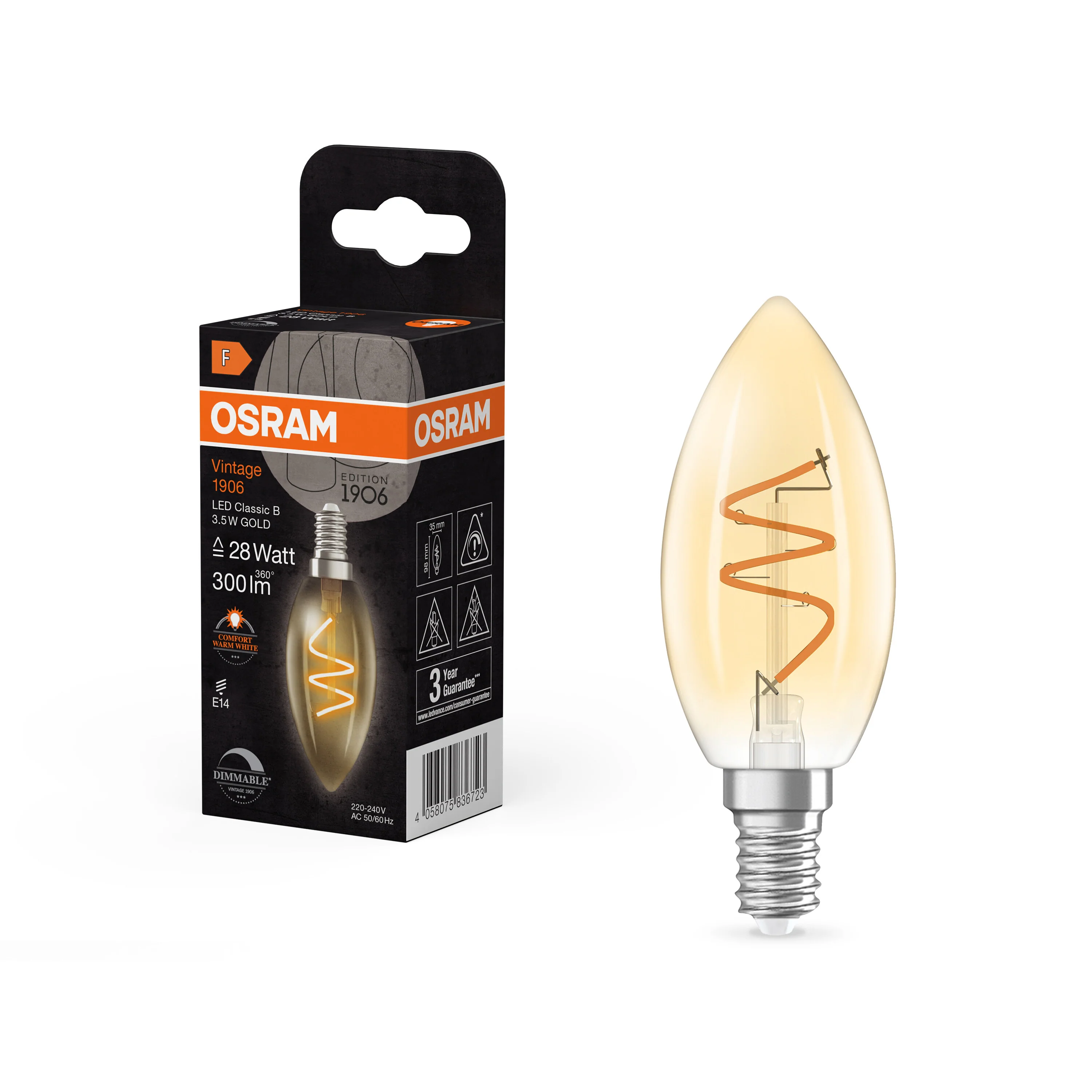 Żarówka LED OSRAM Vintage 1906 Classic B 28 Spiral Filament DIM 3.5W 922 Gold E14 - Image 5