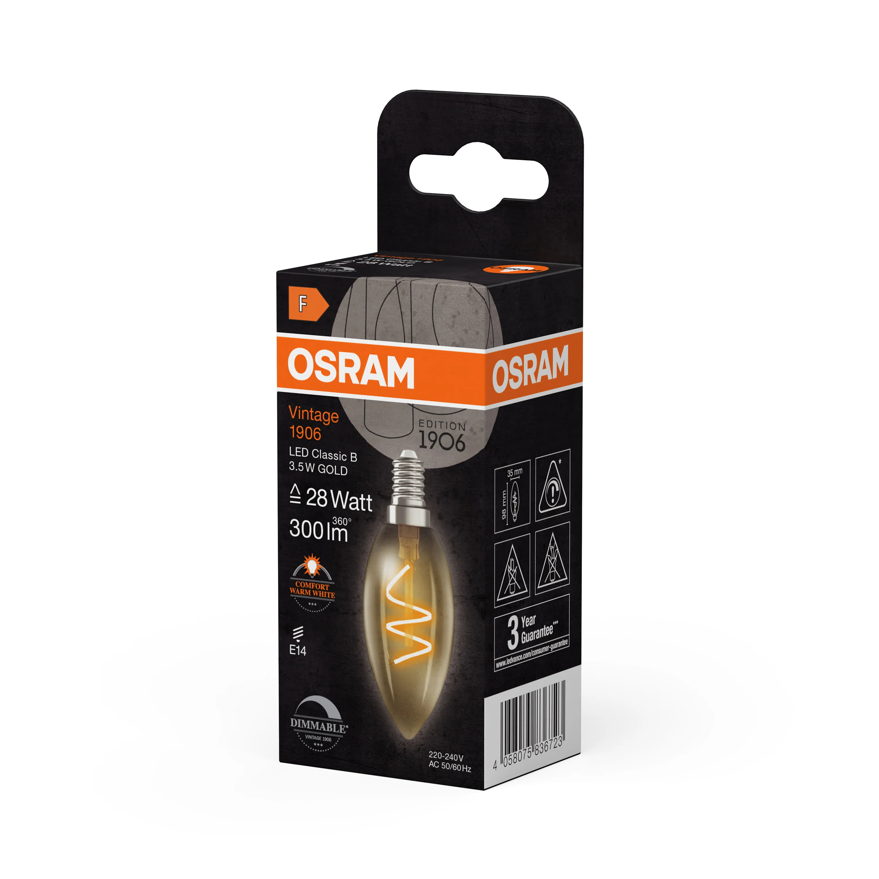 Żarówka LED OSRAM Vintage 1906 Classic B 28 Spiral Filament DIM 3.5W 922 Gold E14 - Image 6