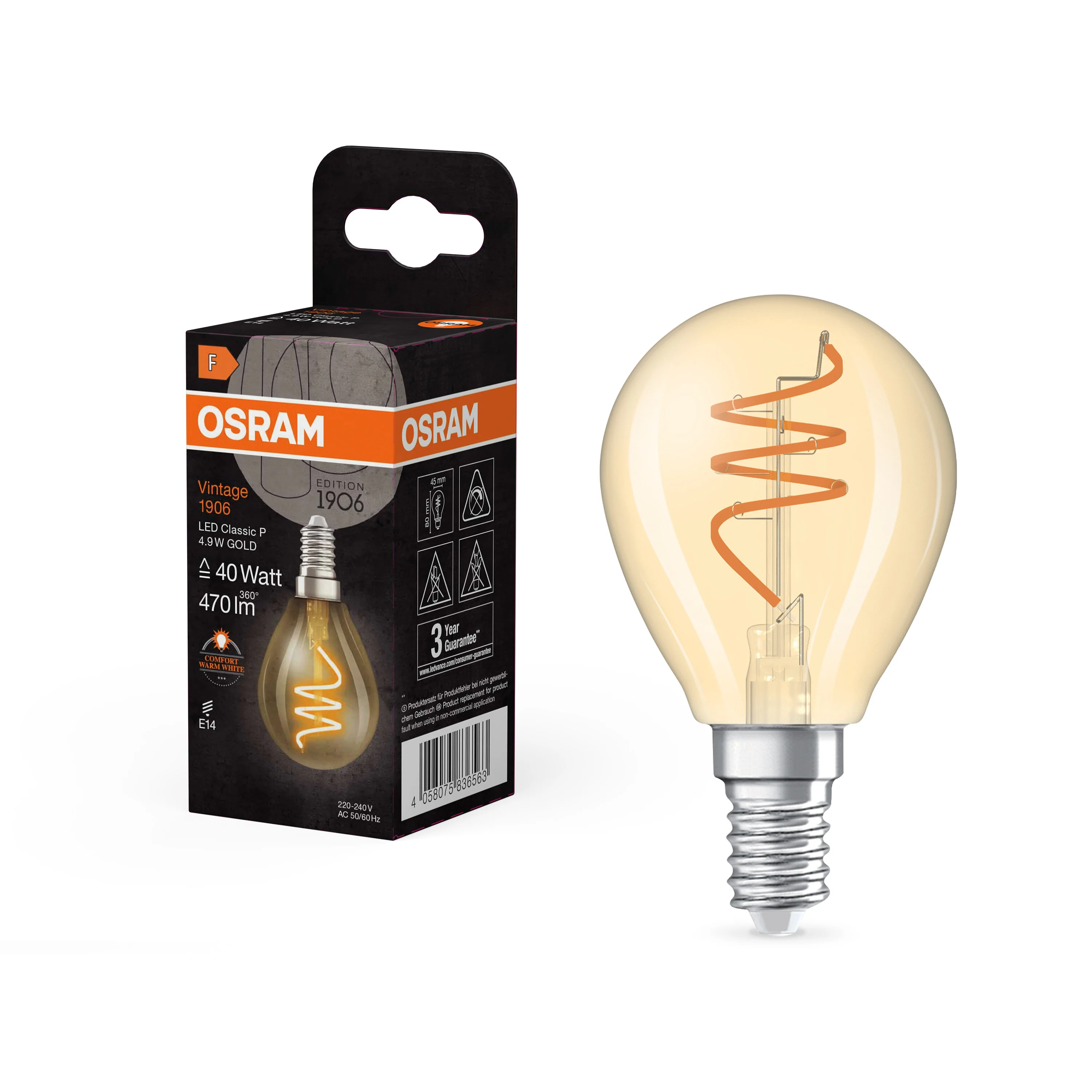 Żarówka LED OSRAM Vintage 1906 Classic P 40 Spiral Filament 4.9W 922 Gold E14 - Image 5