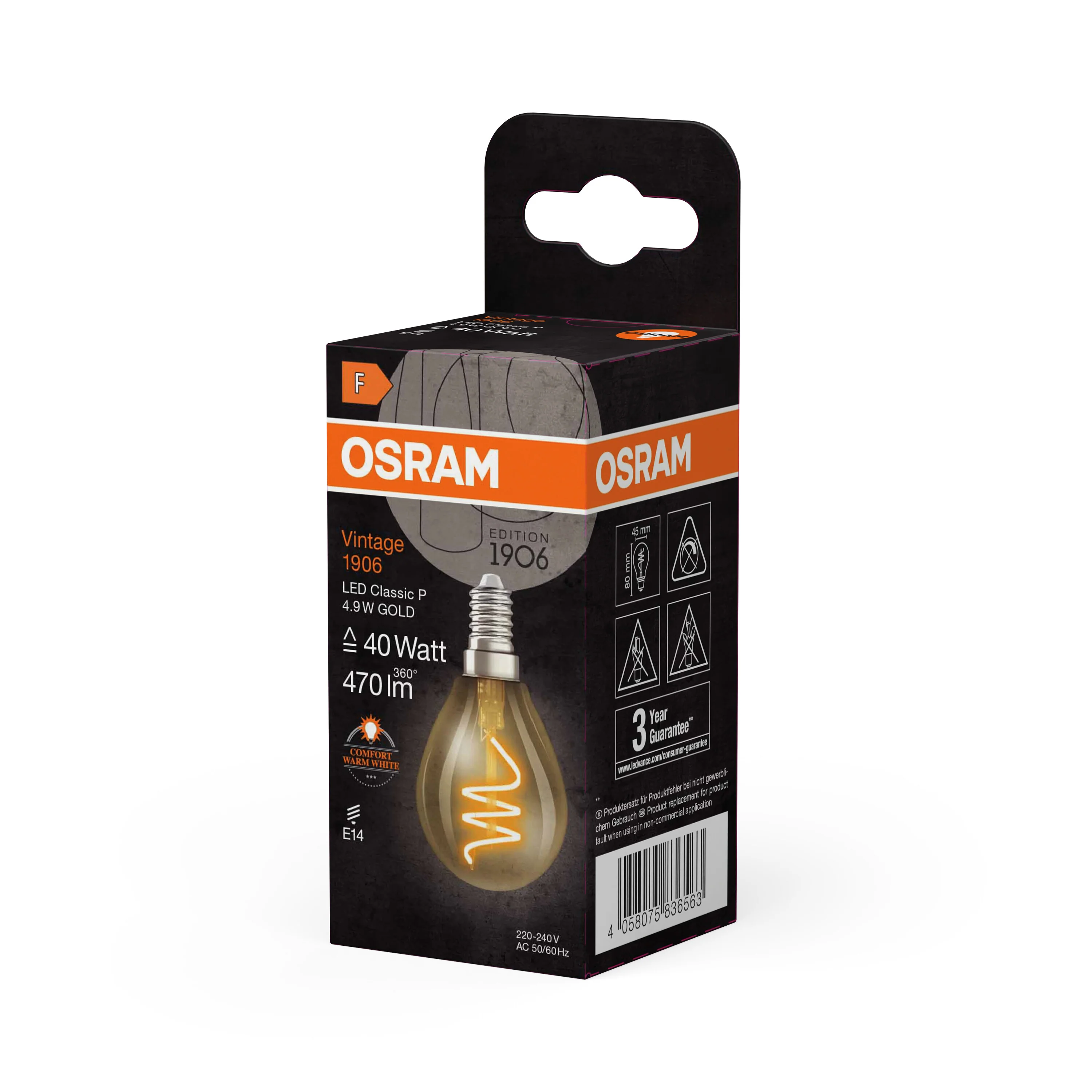 Żarówka LED OSRAM Vintage 1906 Classic P 40 Spiral Filament 4.9W 922 Gold E14 - Image 6